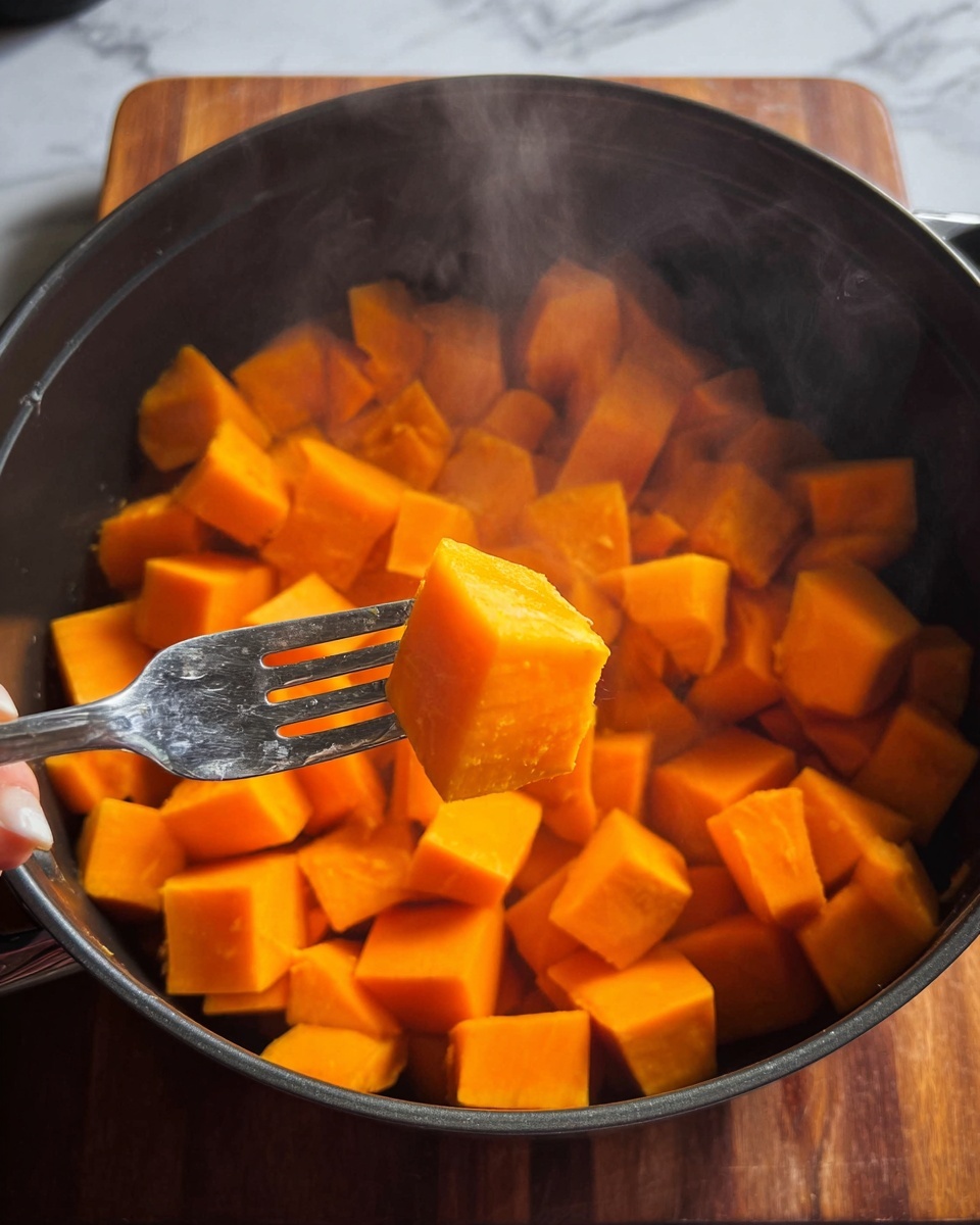 A close-up view of a large black pot filled with bright orange chunks of cooked sweet potato. In the foreground, a woman's hand holds a shiny metal fork that has pierced a single soft sweet potato piece, slightly steaming. The rich orange color of the sweet potatoes stands out against the dark pot and the wooden board beneath. The steam rising from the pot adds a warm and fresh feeling to the image. The background is a white marbled texture. photo taken with an iphone --ar 4:5 --v 7