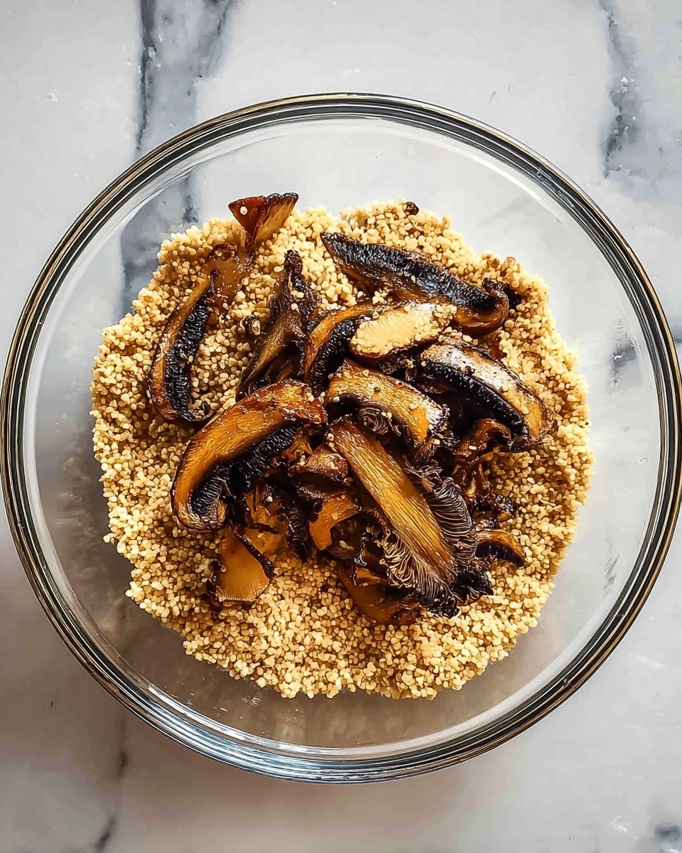 A clear glass bowl holds a dish with two visible layers. The bottom layer is made up of small, light brown grains with a soft texture, evenly spread to cover the bowl’s base. On top, there are several slices of cooked mushrooms, darker brown with char marks and slightly crispy edges, scattered in a loose pile across the grain layer. The bowl is placed on a white marbled surface. photo taken with an iphone --ar 4:5 --v 7