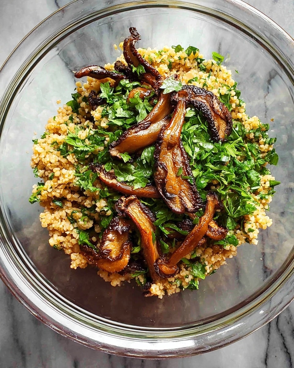 A clear glass bowl holds three visible layers: the bottom layer is light brown cooked bulgur with a slightly grainy texture; the middle layer is scattered, bright green chopped fresh herbs; the top layer features several long, thin, dark brown roasted mushroom slices with a slightly wrinkled texture. The bowl sits on a white marbled surface. photo taken with an iphone --ar 4:5 --v 7