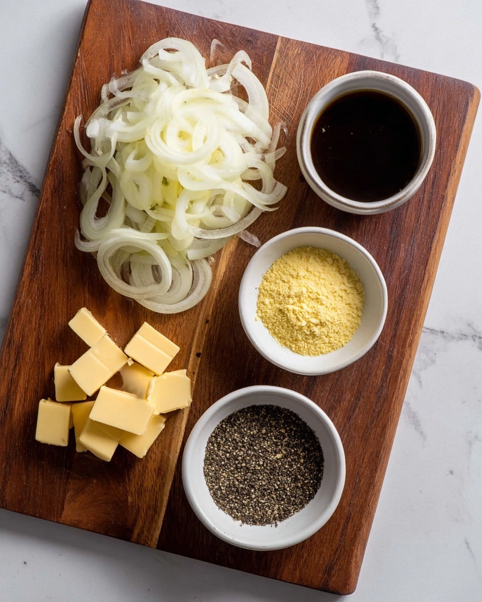 The image shows a wooden board on a white marbled surface featuring several small white bowls and ingredients arranged neatly. On the left side, there are thinly sliced pale yellow onions with a slightly translucent texture. Below the onions, there are small cubes of yellow butter. To the right are three small white bowls: the top bowl contains a dark liquid sauce, the middle bowl is filled with fine yellow powder, and the bottom bowl holds coarsely ground black pepper. The setup is clean and simple, with clear layers from the chopped onions and butter to the neatly placed bowls. photo taken with an iphone --ar 4:5 --v 7