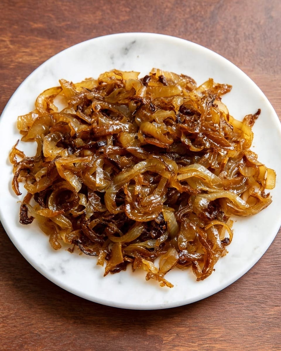 A white plate filled with thick, round noodles that are coated in a light brown sauce mixed with black pepper flakes. Scattered throughout the noodles are caramelized, translucent brown onion slices. A shiny metal fork is lifting a portion of the noodles from the right side of the plate, showing the creamy texture of the sauce clinging to the noodles. The plate sits on a white marbled surface, and the lighting highlights the glossy sheen on the noodles and onions. photo taken with an iphone --ar 4:5 --v 7