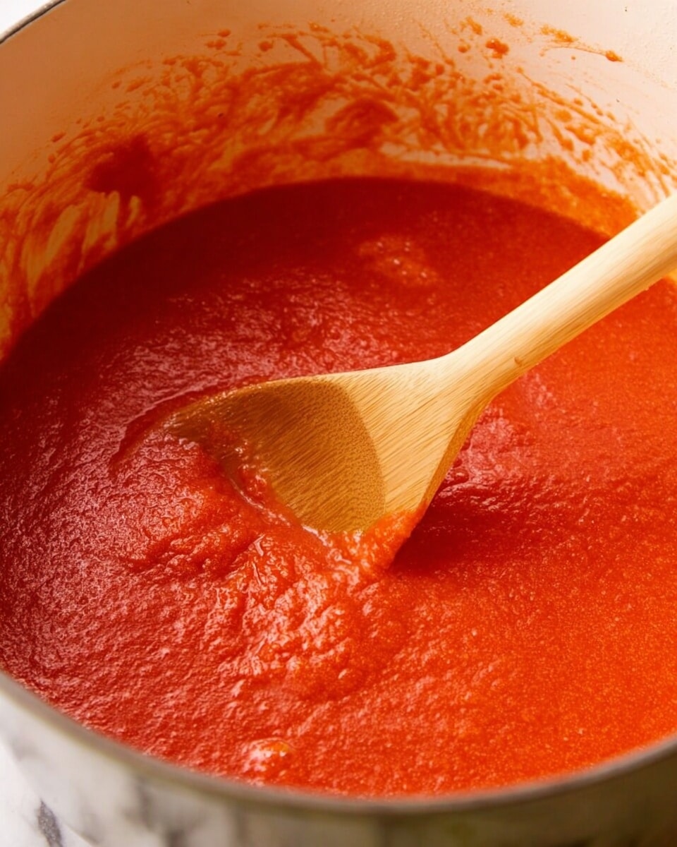 A close-up view of thick bright red tomato sauce inside a white pot with some sauce splashed on the inner walls, stirred by a wooden spoon resting diagonally across the top, showing the sauce's smooth and slightly bubbly texture. The background surface is a white marbled texture. Photo taken with an iphone --ar 4:5 --v 7