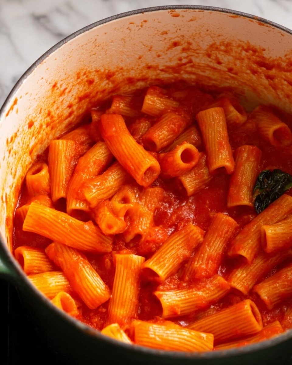 The image shows a close-up of short tube pasta mixed with thick red tomato sauce inside a white pot. The pasta is evenly coated with the sauce, which is smooth but has some small chunks, and one dark green basil leaf is visible among the pasta. The pot's inner sides have splashes of sauce. The background is a white marbled texture. Photo taken with an iphone --ar 4:5 --v 7