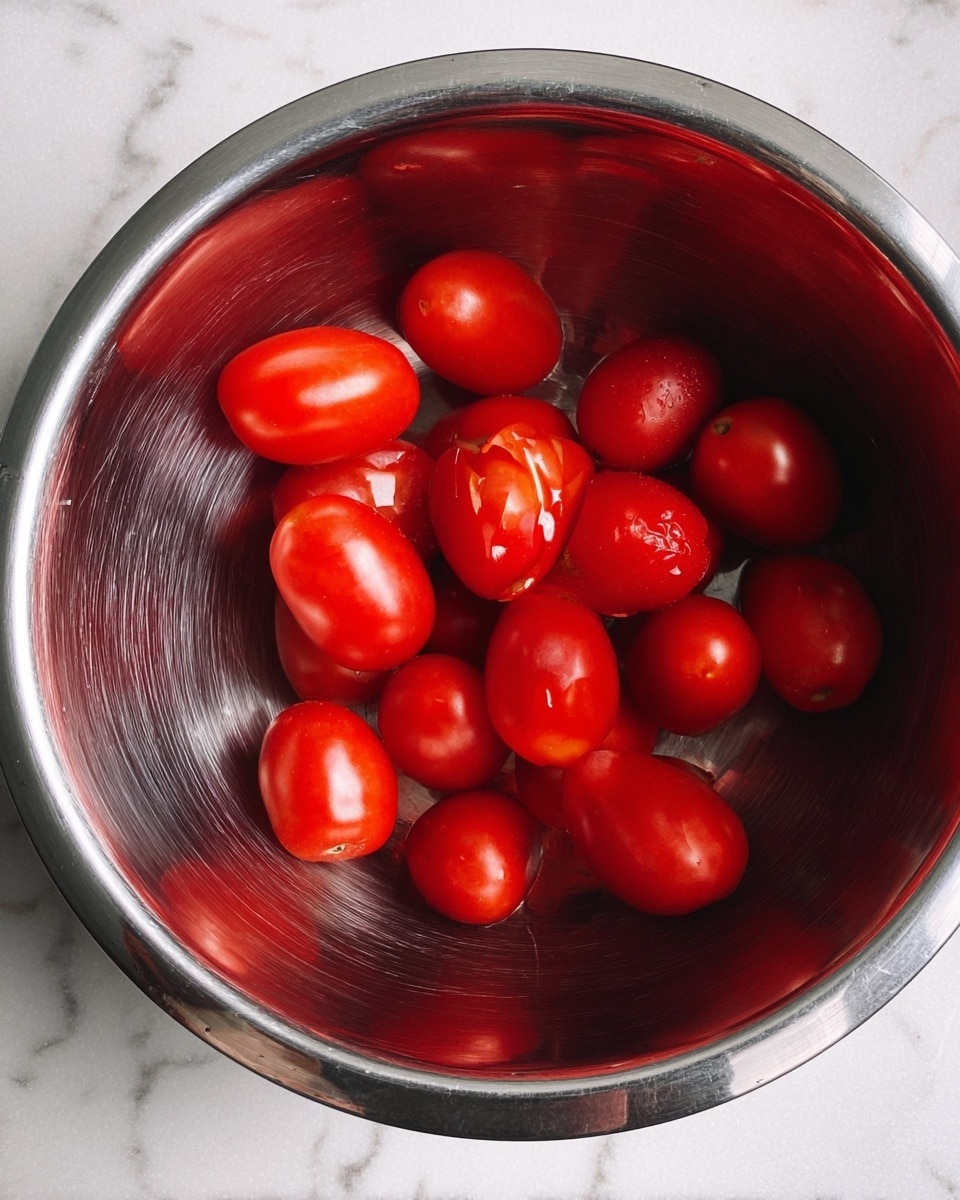 A shiny silver metal bowl filled with bright red plum tomatoes, some whole and some with a small cut or slit on their skin. The bowl has a smooth inner surface with some reflections and scratches visible. The bowl is placed on a white marbled surface. photo taken with an iphone --ar 4:5 --v 7
