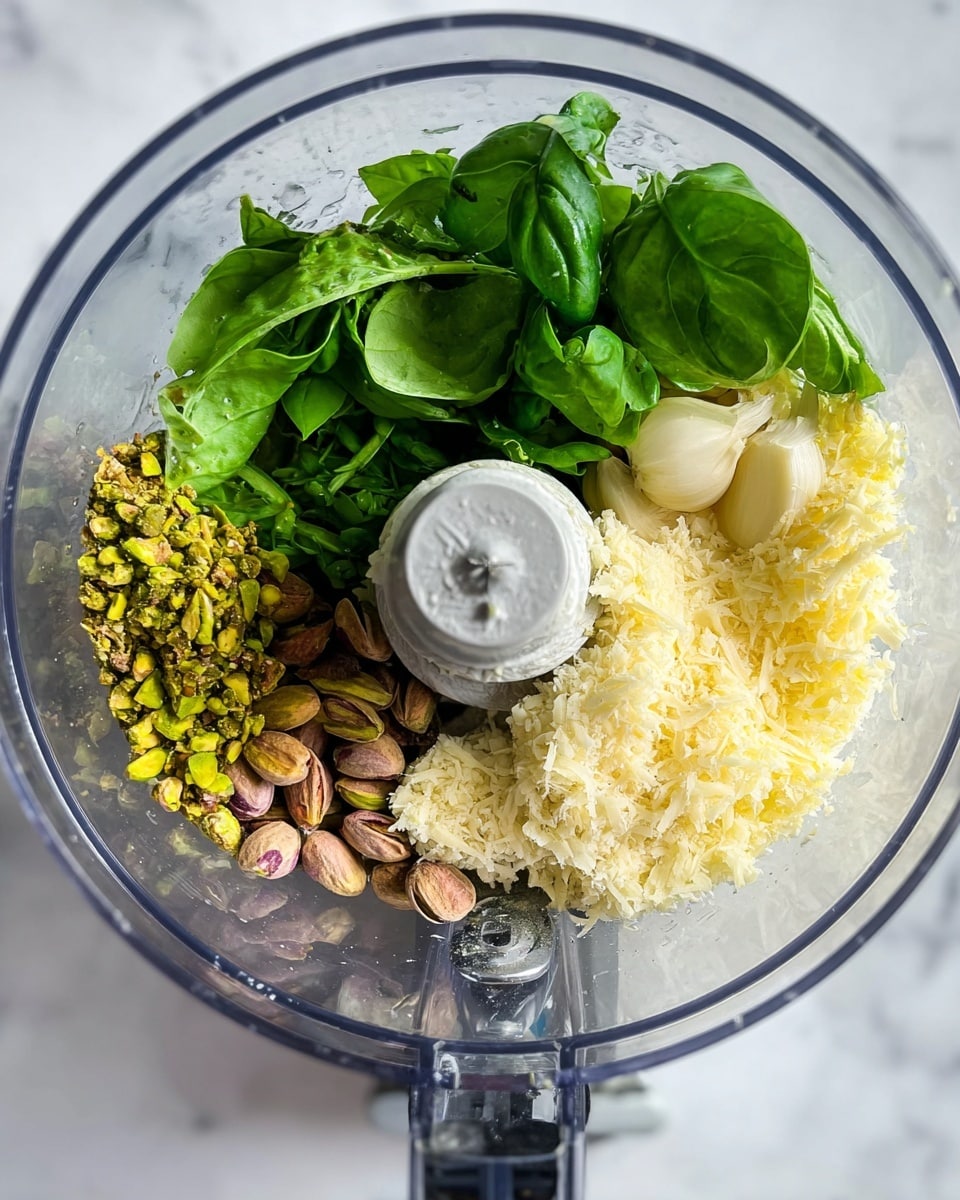 The image shows a clear food processor bowl with a textured green mixture inside, resembling pesto sauce. The sauce layers the bottom of the bowl with a thick, slightly chunky consistency, showing bits of herbs and nuts. The sharp silver blades of the food processor stand upright in the center, contrasting with the vibrant green of the sauce. The clear bowl rests on a white marbled surface, adding a clean and bright look to the scene. Photo taken with an iphone --ar 4:5 --v 7