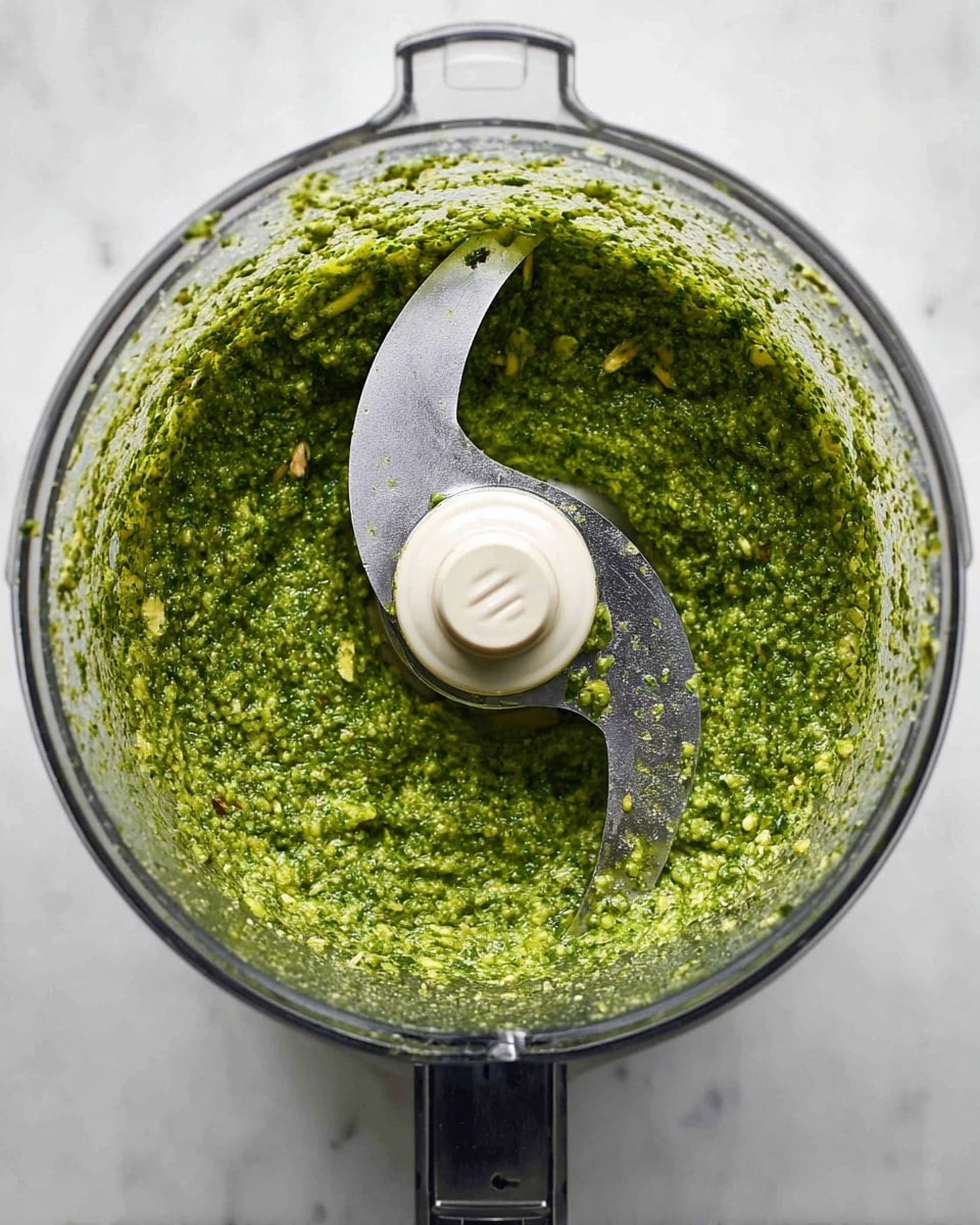 A white round plate holds wide, flat pasta coated evenly in a bright green pesto sauce, with the pasta arranged in loose, soft folds forming a textured base layer. On top, a generous dollop of creamy white cheese sits in the center, with a smooth and slightly fluffy texture. The cheese is sprinkled with small, chopped pistachio nuts and drizzled with a light golden oil, adding a finishing touch. The dish is placed on a white marbled surface. photo taken with an iphone --ar 4:5 --v 7