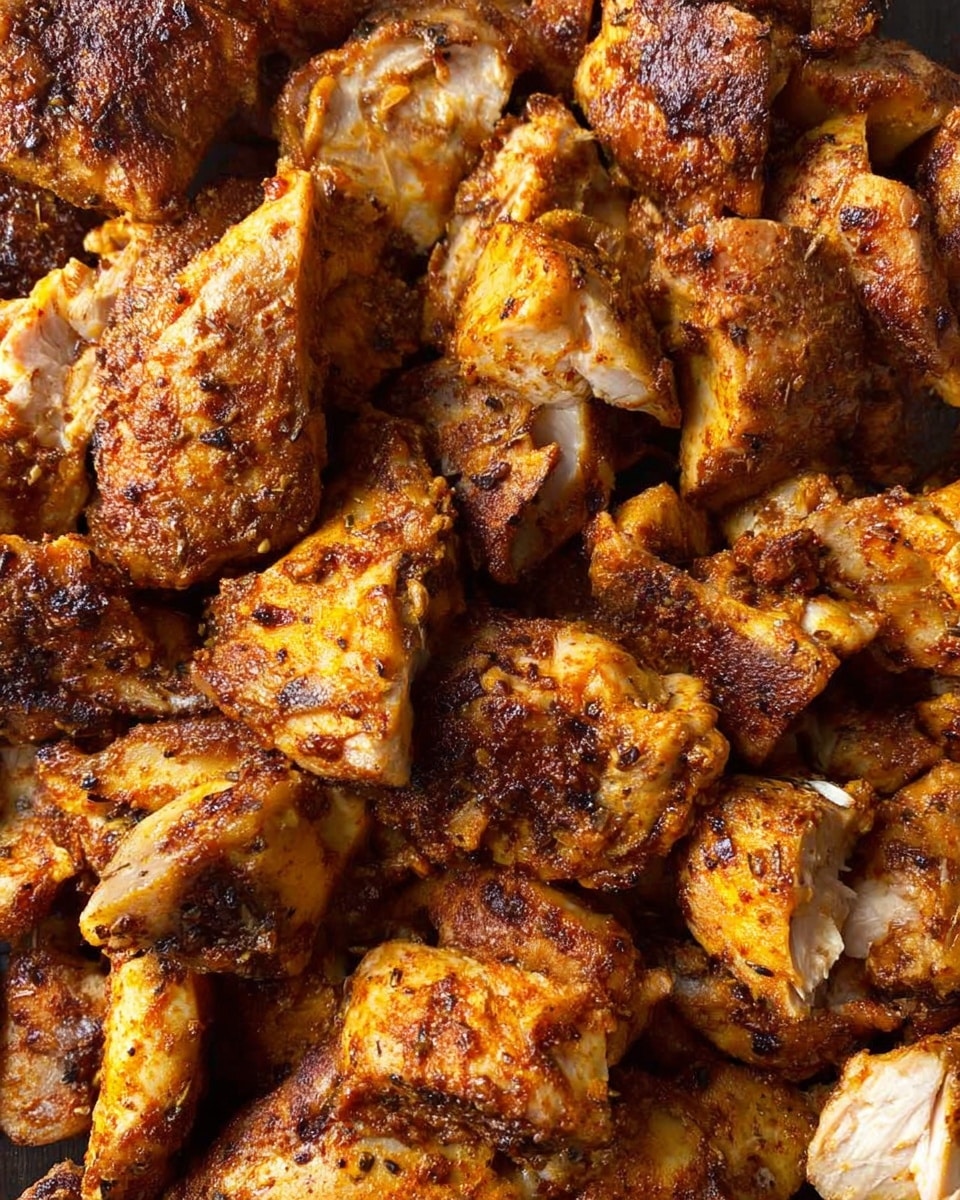 This image shows many pieces of cooked chicken piled together, each piece varying in size and shape with some having crispy browned edges and others showing tender white inside meat. The chicken is richly seasoned, visible through the dark reddish-brown and golden hues that cover almost every piece. The texture looks crunchy on the outside with a juicy inside, all filling the frame closely without any background or plate visible. Photo taken with an iphone --ar 4:5 --v 7