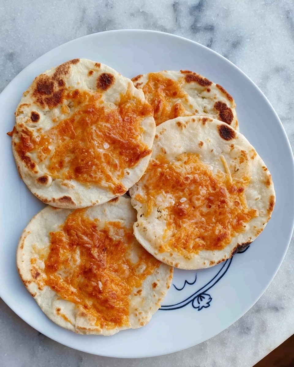 The image shows a white plate with a simple blue design holding four small flatbreads. Each flatbread is topped with melted, slightly crispy, orange cheese that covers most of its surface. The flatbreads are light beige with some browned spots from cooking. The plate is set on a white marbled surface. The photo taken with an iphone --ar 4:5 --v 7