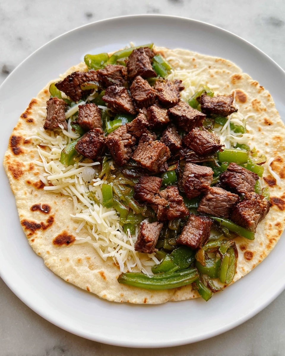 A white plate shows a flat tortilla as the base layer, with light brown spots on its surface. On top of the tortilla is scattered shredded white cheese, followed by a layer of cooked green peppers and onions. The top layer consists of small pieces of seared steak, which are brown on the outside with a pinkish center. The plate is on a white marbled surface. photo taken with an iphone --ar 4:5 --v 7