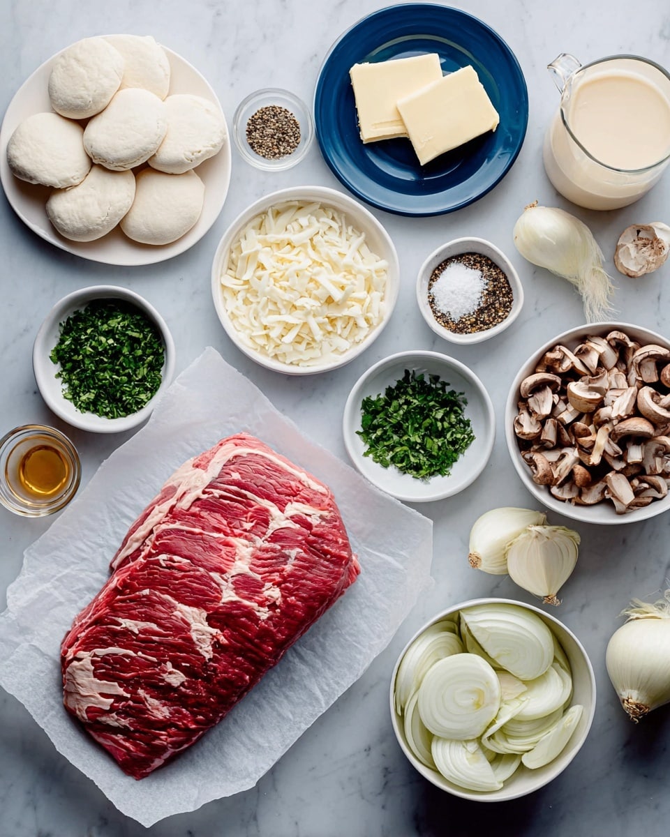 The image shows a flat layout of raw cooking ingredients on a white marbled surface. In the center, there is a large piece of raw red meat with white fat lines, placed on white parchment paper. To the right, there is a white bowl filled with chopped brown mushrooms and a white bowl with sliced white onions underneath it. Next to the onions, there is a small glass bottle of creamy white liquid and a glass cup of light brown liquid. Above the meat, there are small white bowls containing white salt, whole black pepper, and chopped green herbs. To the left, there is a white plate with several white round dough pieces and small white bowls containing a pale yellow liquid and chopped fresh green parsley. Two small pieces of butter sit on a blue-white plate above the meat and a small bowl of sliced white almonds is placed above the plate with dough pieces. The image background is a white marbled texture. photo taken with an iphone --ar 4:5 --v 7