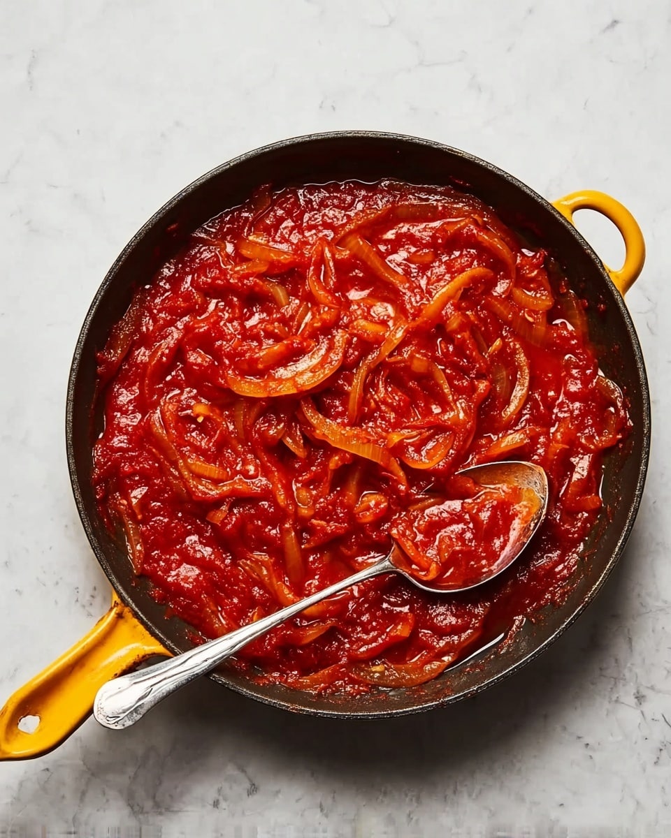 A black pan with a yellow handle sits on a white marbled surface, filled with thick red sauce mixed with soft, onion-like slices that are deep orange and translucent. The sauce looks shiny and smooth with some texture from the onions, swirling around evenly. A metal spoon is placed inside the pan, partly covered by the sauce, with its handle resting on the edge of the pan. The image is clear and bright, showing the rich red color of the sauce vividly. photo taken with an iphone --ar 4:5 --v 7