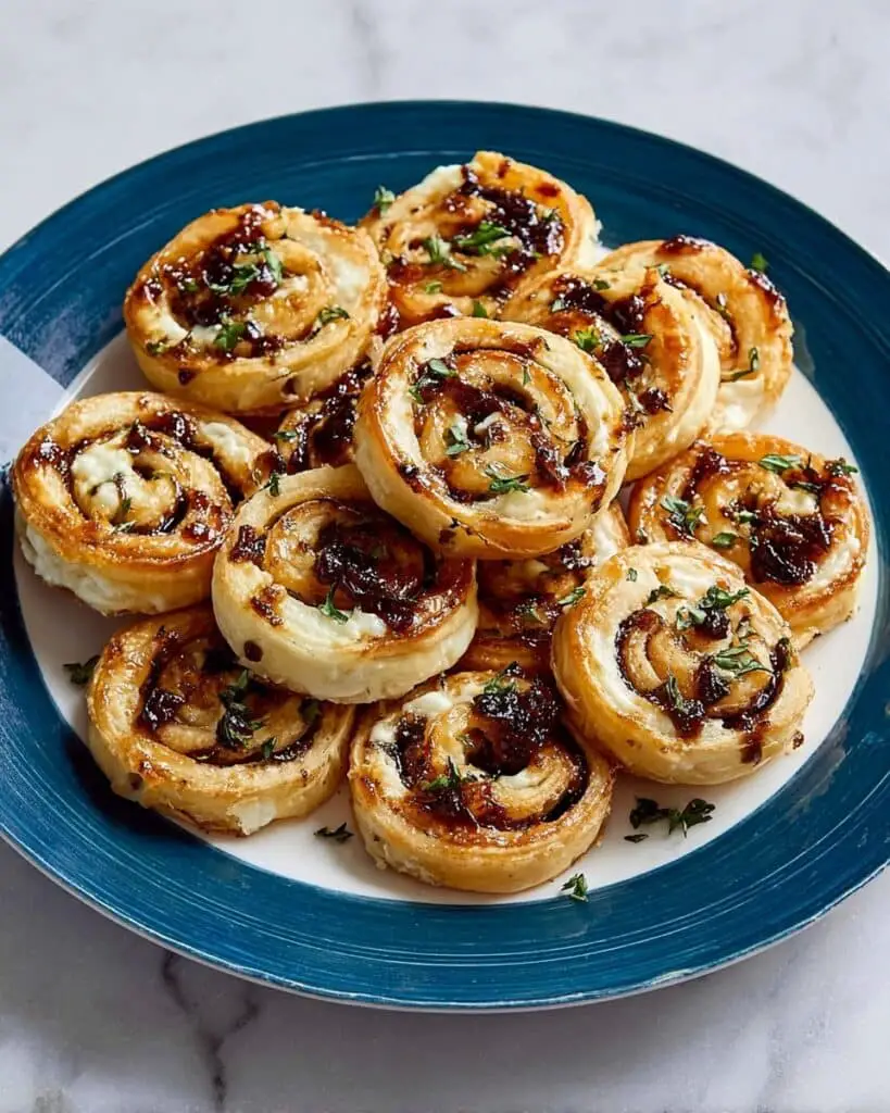 Puff Pastry Pinwheel with Caramelized Onions, Swiss Cheese, and Balsamic Glaze Recipe