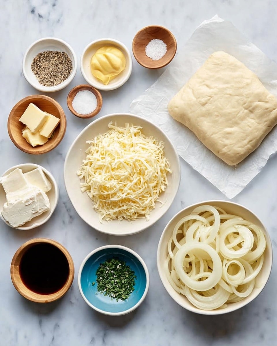 The image shows ingredients neatly placed on a white marbled surface. There is a white bowl filled with light yellow onion rings on the right. Next to it is a block of pale dough on white parchment paper. Near the center, a white bowl holds shredded pale yellow cheese. Surrounding these main items are small white and wooden bowls containing various ingredients: light yellow butter pieces, creamy beige mustard, light brown brown sugar, white cream cheese block, dark brown liquid, black pepper, flaky white salt, and finely chopped green herbs. The overall scene is bright and clean with colors ranging from creamy whites and light yellows to light browns. photo taken with an iphone --ar 4:5 --v 7