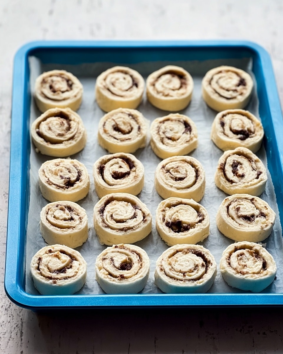 The image shows a blue baking tray lined with white parchment paper, filled with 21 evenly spaced small rolls of dough with a visible dark brown swirl inside each one. The dough layer is pale cream color with a smooth texture, while the swirl layer appears to be a chocolate or cinnamon mix, showing a rich dark brown color. The white marbled surface under the tray adds a clean background contrast. photo taken with an iphone --ar 4:5 --v 7