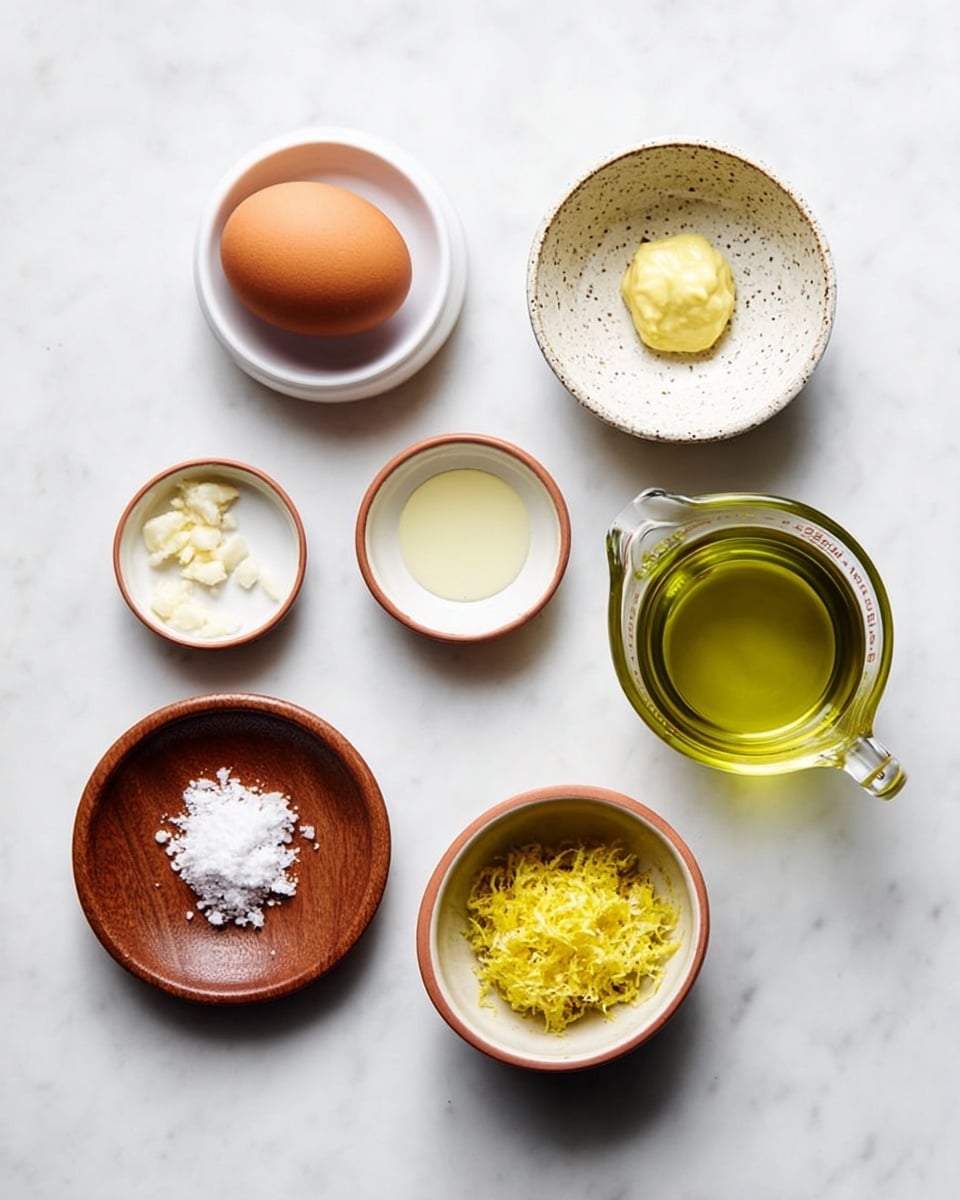 There is a group of seven small dishes and a glass measuring cup on a white marbled surface. In the top left, a white round dish holds a single brown egg. Next to it on the right is a small speckled white dish with a dollop of yellow mustard. Below the mustard dish is a small brown wooden plate with a pile of white salt. To the left of the salt is a small white dish holding minced garlic. Above that garlic dish is a small brown bowl filled with bright yellow lemon zest. In the center is a white bowl holding clear liquid, possibly vinegar or oil. On the far right is a clear glass measuring cup filled with a greenish-yellow liquid. photo taken with an iphone --ar 4:5 --v 7