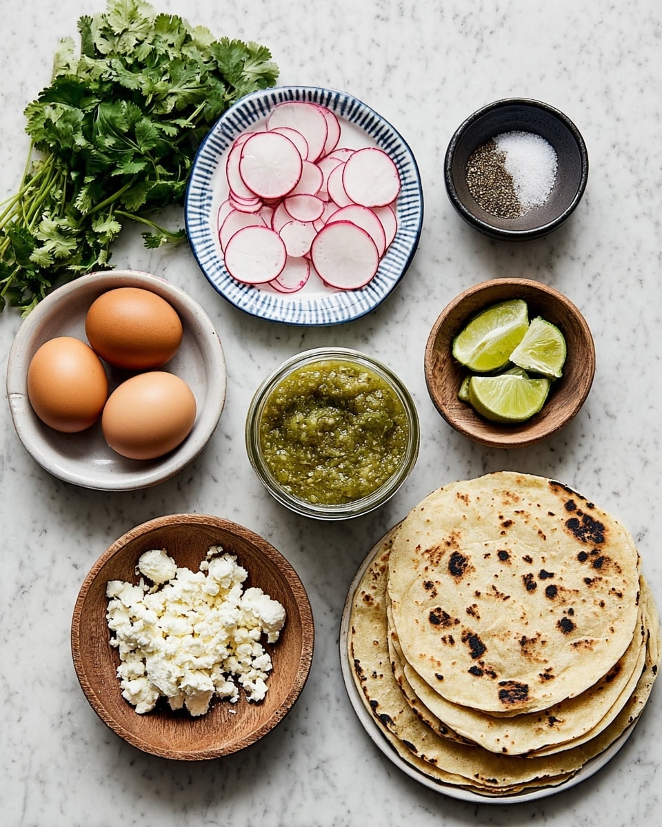 The image shows a set of ingredients arranged neatly on a white marbled surface. On the left, there is a bunch of fresh green cilantro next to a white bowl holding three brown eggs. Next to that is a white plate with a blue rim filled with thin, round slices of pink radish. To the right, a wooden bowl contains ground black pepper, and below it, a wooden plate holds crumbled white cheese with a soft texture. In the center is a clear glass jar with green salsa, showing a rough chunky texture. To the right top corner, a small dark bowl has lime wedges, and below it, another small dark bowl holds white salt. On the far right, a white plate holds six round tortillas, stacked with visible char marks and slight puffiness. Photo taken with an iphone --ar 4:5 --v 7