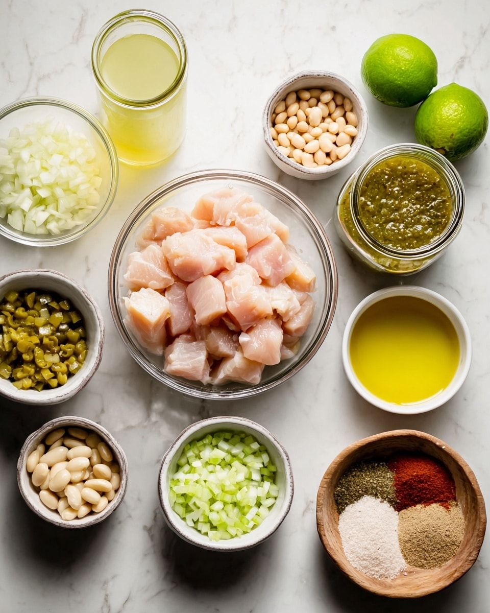The image shows a collection of raw ingredients arranged on a white marbled surface. In the center is a clear glass bowl filled with pale pink, cubed pieces of raw chicken with a smooth texture. Surrounding it are small white bowls and metal containers holding various ingredients: chopped white onions, bright green chunks of bell pepper, light beige cooked beans, and finely chopped garlic with a rough texture. There is also a small glass jar of green salsa with a slightly chunky texture, a small bowl of golden olive oil with a smooth surface, a metal cup of green chili pieces in liquid, and a wooden bowl with three different ground spices in shades of brown and white. Two halves of a bright green lime sit near the center top, and a tall glass jar filled with pale yellow liquid is on the left side. photo taken with an iphone --ar 4:5 --v 7
