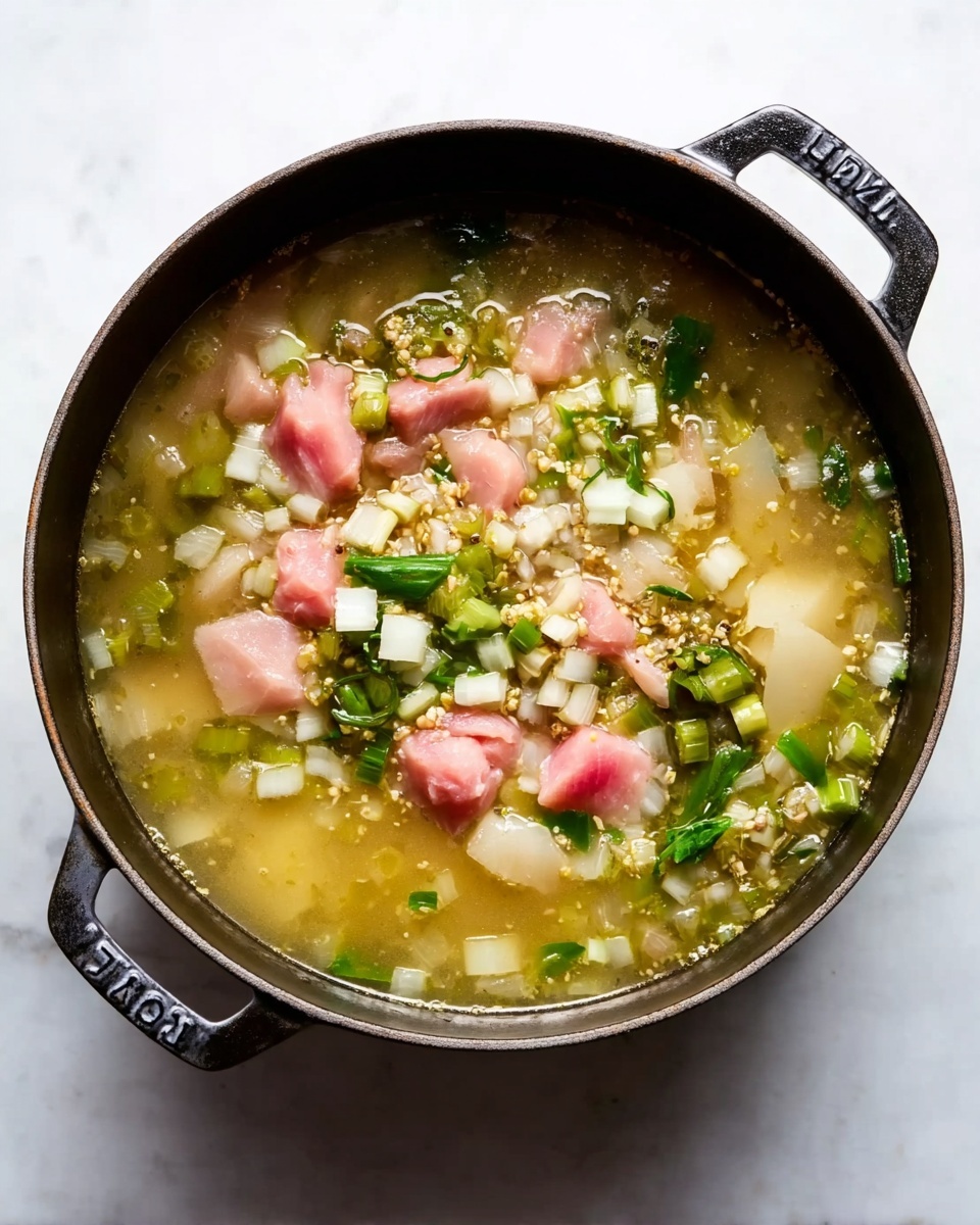 The image shows a white bowl filled with a thick green stew that has chunks of cooked chicken layered throughout. On the right side of the bowl, there are several slices of bright green avocado neatly arranged, sprinkled with small black pepper flakes. Two lime wedges with their juicy interior facing up are placed below the avocado on the stew surface. The stew is topped with fresh chopped cilantro spread evenly across, adding dark green specks on the light green broth. A metal spoon rests inside the bowl on the left side, and the bowl sits on a white marbled surface with a light gray and white striped cloth partially visible underneath. Photo taken with an iphone --ar 4:5 --v 7