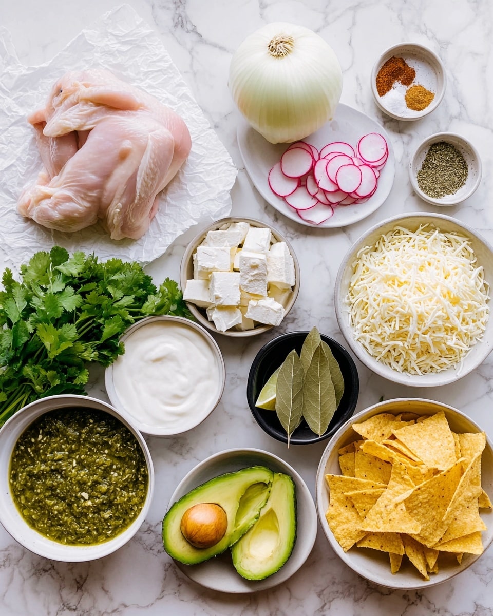 The image shows a white marbled surface with fresh raw chicken on white paper in the top left corner. Below it, there is a half white onion and a bunch of green cilantro. A small white plate holds slices of pink radish near the center. A white bowl on the right side is filled with shredded white cheese, and next to it is a smaller white bowl with white ricotta cheese. In the middle, there is a black bowl filled with peeled garlic cloves and two bay leaves beside it. A small white bowl has sour cream, and another white bowl holds green salsa with visible herbs. A white plate near the bottom right contains sliced green avocado. A pile of yellow tortilla chips is placed underneath the avocado plate. Spices are on a small white plate at the top, arranged with salt, chili powder, black pepper, and cumin powder in four sections. Photo taken with an iphone --ar 4:5 --v 7