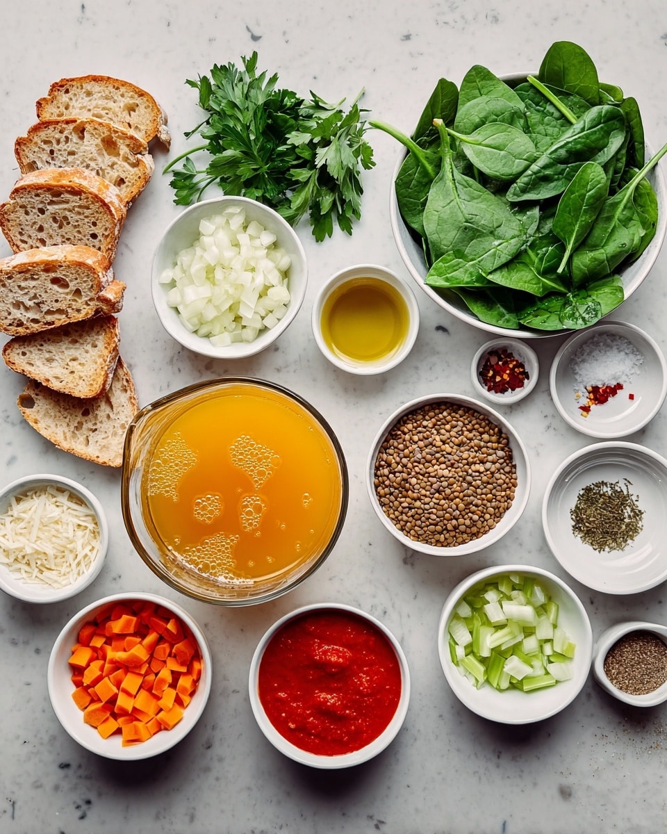 A white bowl filled with fresh green spinach leaves is placed center-right, next to a large clear glass container with orange-yellow broth showing small bubbles on the surface; nearby are small white bowls with diced orange carrots and light green celery. To the left of these, a bowl of diced white onions sits next to a white bowl full of brown lentils, with smaller white bowls containing ground spices arranged around them, including ground cumin and herbs. A small white bowl holds bright red tomato sauce, and another small white bowl contains finely grated white cheese. On the far left, there is sliced light brown toasted bread arranged in a fan shape next to a pile of fresh dark green parsley leaves and several small bowls with olive oil, red chili flakes, salt, and pepper. The whole setup rests on a clean white marbled surface photo taken with an iphone --ar 4:5 --v 7