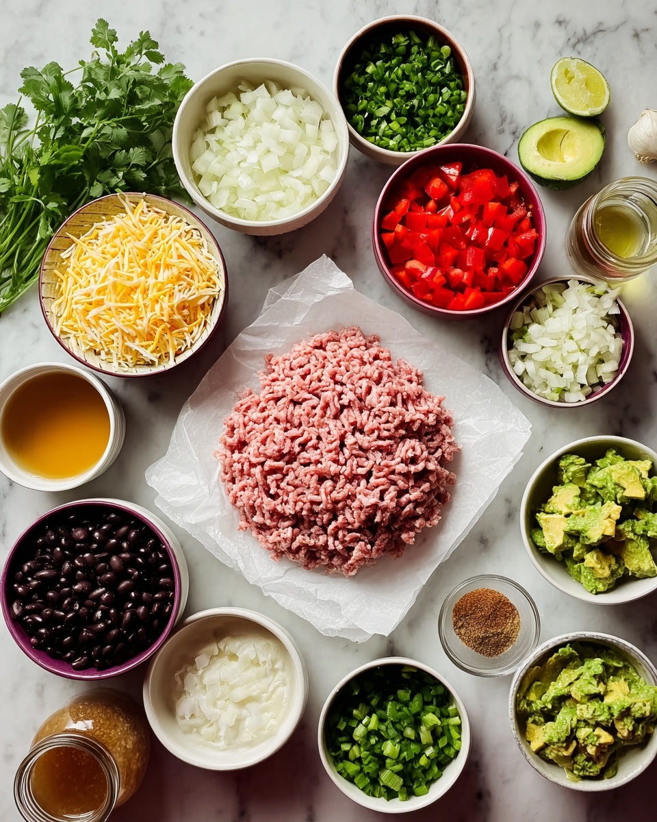 The image shows many small bowls with different ingredients on a white marbled surface. In the center, there is a layer of raw ground meat on white paper, light pink and textured with thin strands. Surrounding it are small bowls: bright red chopped tomatoes, white diced onions, green chopped bell peppers, and light green chopped avocado. There is also a bowl with black beans, shredded pale yellow cheese, and fresh green herbs. Additional bowls contain white sour cream, chopped green onions, minced garlic, a golden liquid likely oil, a mix of brown spices, and a jar with light brown broth. All the bowls are white except the black beans bowl, and the colors range from red, green, and white to black and yellow. The ingredients are neatly arranged in a round shape around the meat. photo taken with an iphone --ar 4:5 --v 7