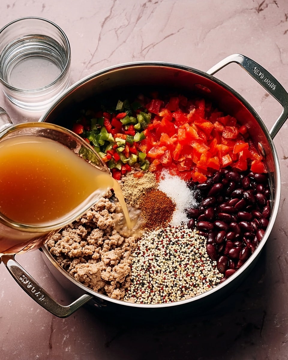 A white scalloped bowl filled with colorful soup showing layers of ground meat, black beans, red and green bell peppers, and quinoa in a rich broth. On top, there is a layer of shredded white cheese scattered unevenly, some fresh green parsley sprinkled, and a dollop of white sour cream in the center. Around the bowl, there are small white bowls with chopped green onions, more shredded cheese, and a brown dish with chopped fresh herbs. The bowl is placed on a white marbled surface with a spoon resting inside the bowl, its handle light-colored with black dots. Photo taken with an iphone --ar 4:5 --v 7