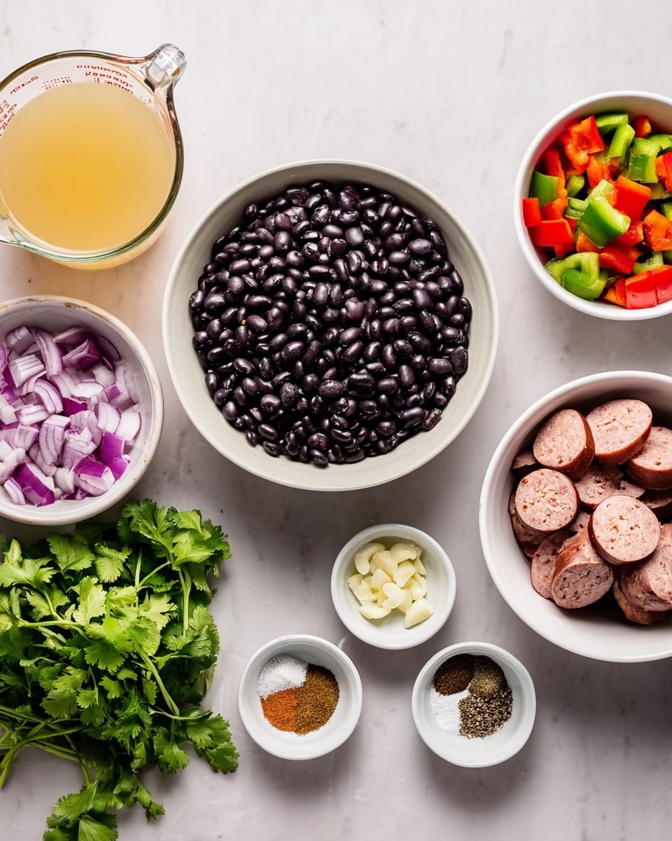 The image shows ingredients arranged neatly on a white marbled surface. In the center is a white bowl filled with shiny black beans. To the right, another white bowl holds sliced sausage pieces, revealing a textured interior. Below the sausage is a small white dish with finely chopped garlic. To the bottom left, a bunch of fresh green cilantro rests on the surface. Near the bottom center is a small white dish with six different spices in neat piles, including brown, white, and black powders. On the far left, a white bowl contains chopped red and green bell peppers and purple onion pieces. At the top left, there is a clear glass measuring cup filled with light yellow broth. Photo taken with an iphone --ar 4:5 --v 7