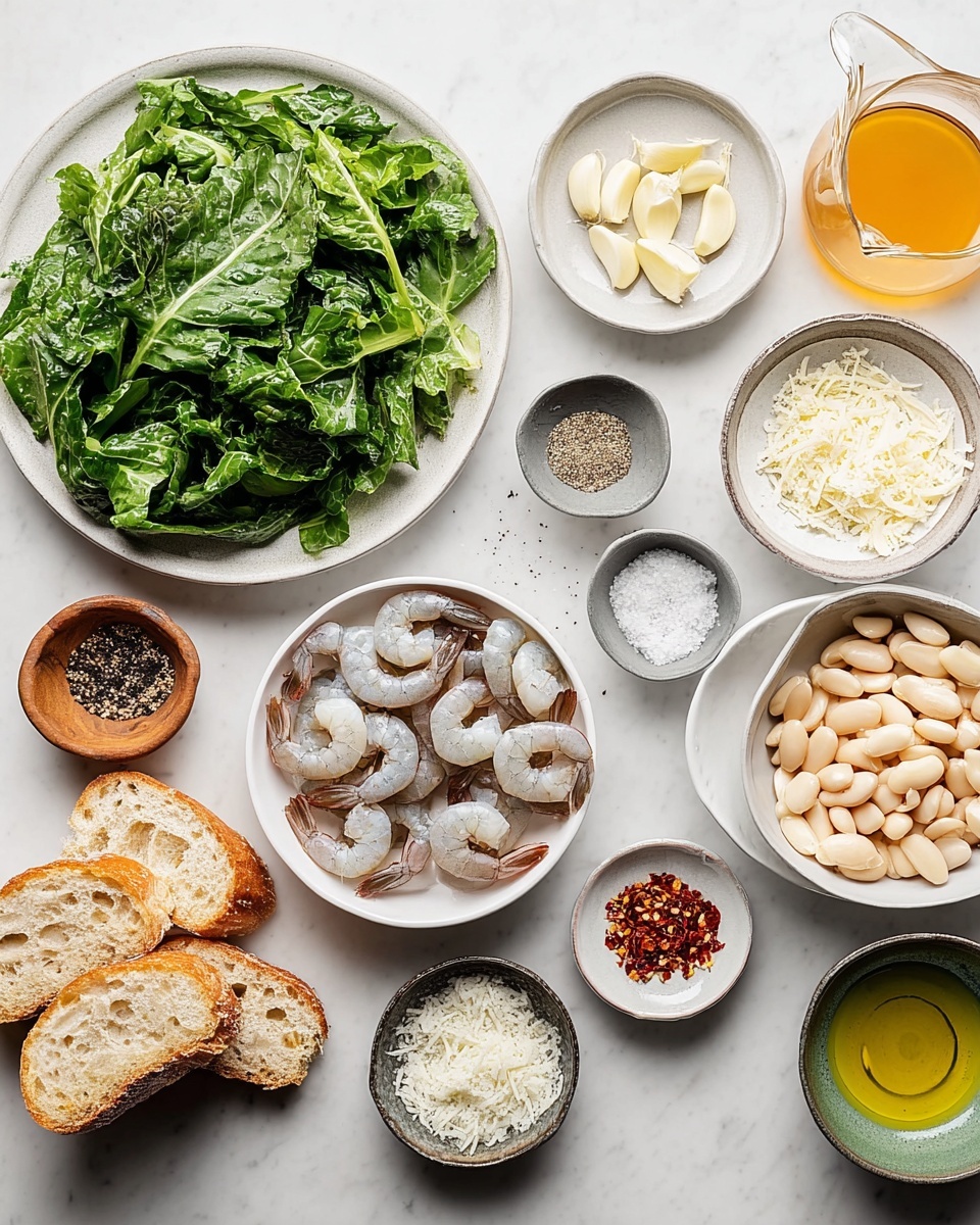 A flat lay of fresh ingredients arranged on a white marbled surface including a large white plate filled with bright green leafy vegetables on the left, next to a small wooden bowl of black pepper and a small dark gray bowl of salt. Above and to the right, a small white bowl with pale garlic slices sits next to a medium white bowl with raw shrimp showing translucent grayish-white and pink tones with curled tails. A small gray bowl with grated white cheese is below the shrimp. To the lower right of the cheese bowl is a small white bowl holding golden-yellow oil, and beside it is a medium gray bowl filled with creamy white beans. Near the top right corner, a small glass jug of light amber broth and a small green dish of red chili flakes are placed near a stack of sliced crusty bread with light golden crusts. All elements are spaced evenly, creating a clean and fresh cooking scene, photo taken with an iphone --ar 4:5 --v 7