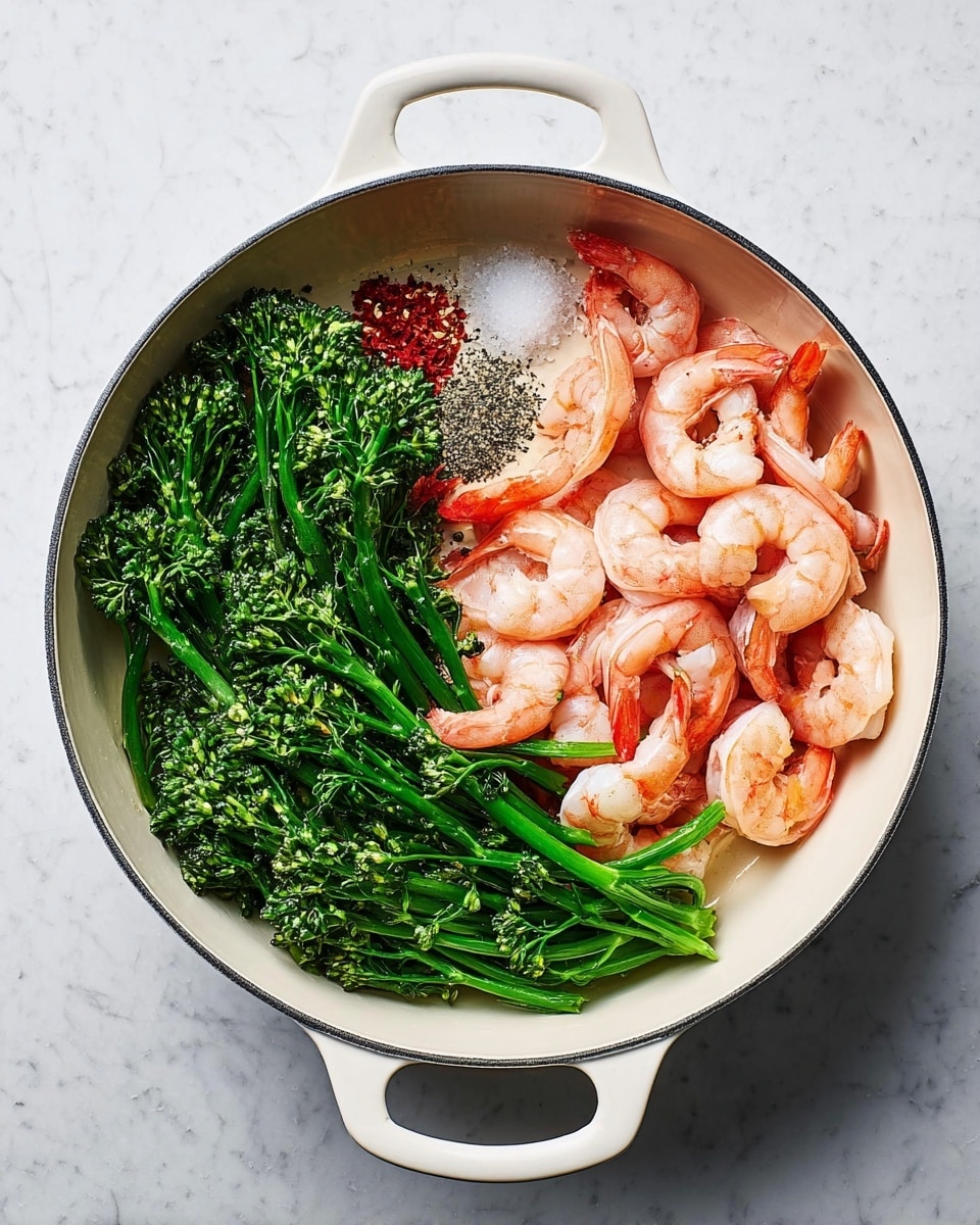 A white round plate holds a dish with three main layers: at the base, there are scattered white beans that are smooth and oval-shaped; above this, bright green leafy broccolini with small florets and tender stems spreads evenly across the plate; on top, there are six medium-sized shrimp with a light pink color and slight char marks, arranged with thin, crispy golden-brown garlic slices sprinkled around. Small white grated cheese bits and red chili flakes are lightly scattered on top, all set against a white marbled background. photo taken with an iphone --ar 4:5 --v 7