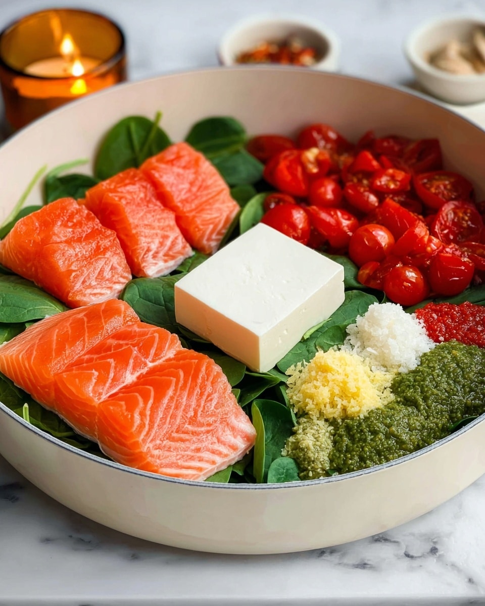The image shows a white pot filled with several layers of food on a white marbled surface. The bottom layer contains bright red cherry tomatoes scattered around. On top of that is a layer of fresh dark green spinach leaves. Next is a layer of creamy white cheese or sauce, sprinkled with green herbs and black pepper. A woman's hand holding a fork is seen mixing the layers, revealing chunks of light pink cooked fish inside. The food looks warm and juicy, filled with red, green, creamy white, and pink colors in the white pot. Photo taken with an iphone --ar 4:5 --v 7