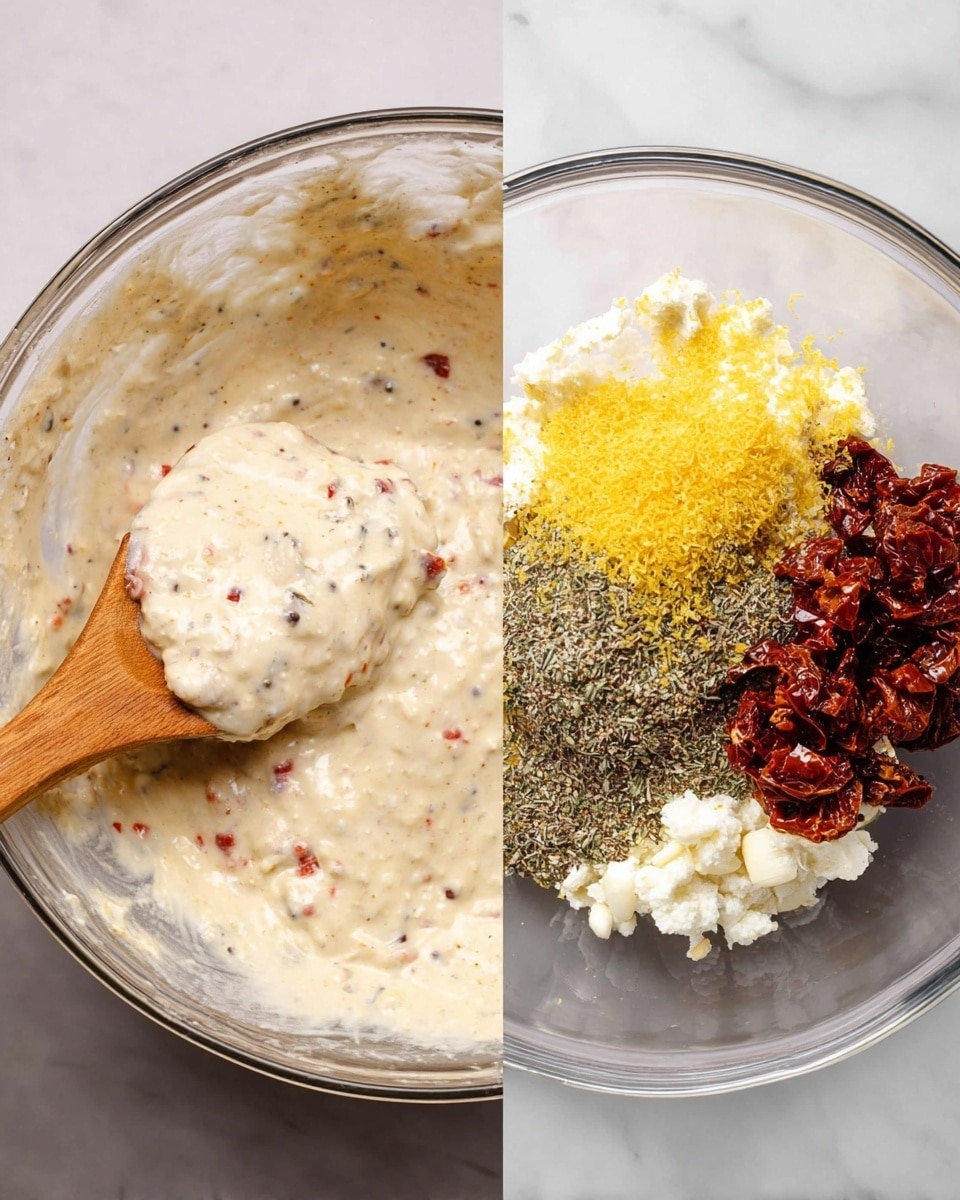 The image shows large pasta shells filled with a creamy, white cheese mixture that has small brown and red bits evenly spread throughout, likely sun-dried tomatoes and herbs. The shells are placed closely together in a white oval dish, which has a light tan sauce underneath. The texture of the cheese filling looks soft and smooth with small chunks, while the pasta shells have ridged surfaces that hold the filling well. A woman's hand wearing a transparent glove holds one stuffed shell close to the camera, showing the filling's thickness and color contrast with the pale yellow pasta. The dish and shells are set on a white marbled surface. Photo taken with an iphone --ar 4:5 --v 7