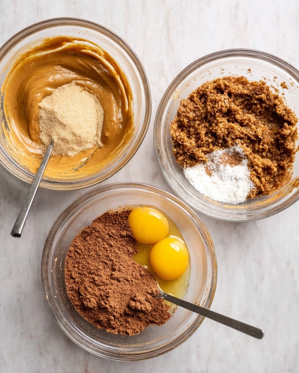 The image shows three clear glass bowls with different mixtures on a white marbled surface. In the first bowl, a thick brown mixture is topped with a layer of light brown sugar, and a metal spoon rests inside. The second bowl contains the same brown sugar mixture mixed together with two bright yellow egg yolks on top, creating a crumbly texture around the eggs. The third bowl shows the mixture mostly combined with a layer of dark brown cocoa powder and white baking powder on one side, and a spoon partially dipped inside. Photo taken with an iphone --ar 4:5 --v 7
