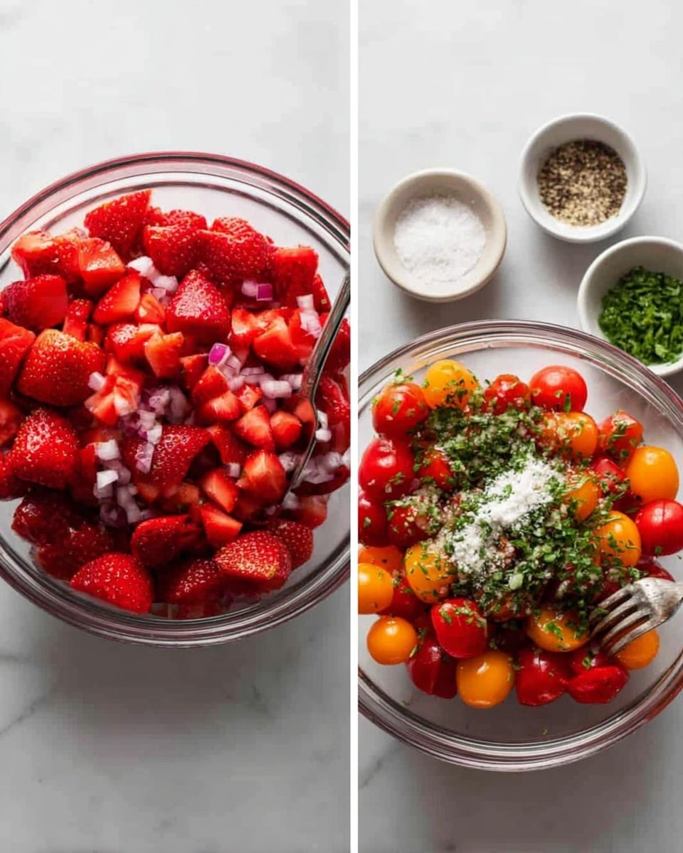 A clear glass bowl sits on a white marbled surface. Inside the bowl, there are three layers of fresh fruits: the bottom layer is bright orange cherry tomatoes, the middle layer is whole red cherry tomatoes, and the top layer is sliced red strawberries with a slightly shiny texture. On the right side, some finely chopped green herbs, white salt, and small pieces of minced garlic are added on top of the fruits. A silver fork is placed inside the bowl on the right. Small white bowls with salt and pepper are placed around the main bowl. Photo taken with an iphone --ar 4:5 --v 7
