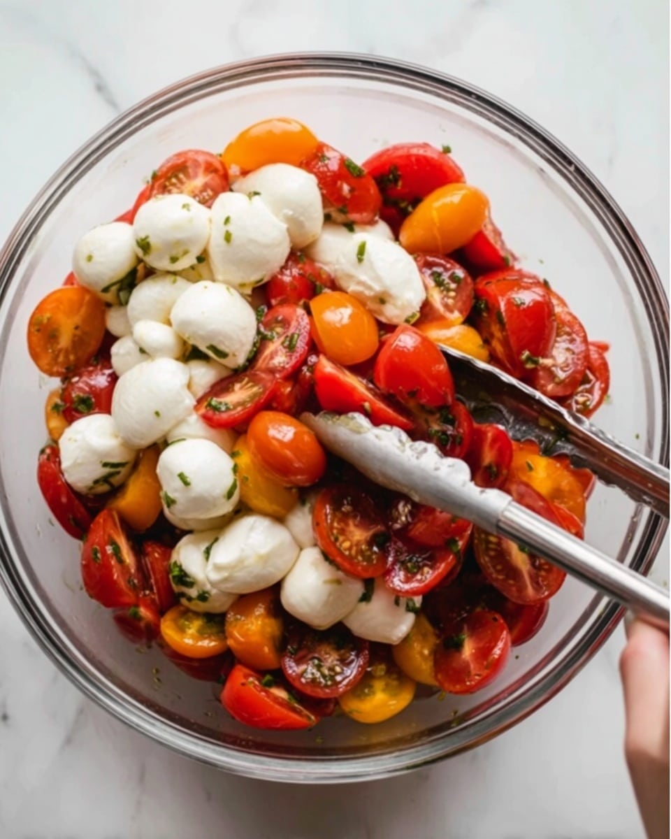 A white bowl filled with a fresh salad that has three main layers: bright red sliced strawberries and orange cherry tomatoes forming the base, topped with small white mozzarella balls scattered evenly, and sprinkled with green basil pieces on top. The strawberries and tomatoes have a juicy texture, the mozzarella looks smooth and soft, and the basil adds a fresh, leafy touch. A gold fork is placed inside the bowl on the right side. Around the bowl, there are fresh strawberries and two small white bowls with green herbs on a white marbled surface. Photo taken with an iphone --ar 4:5 --v 7