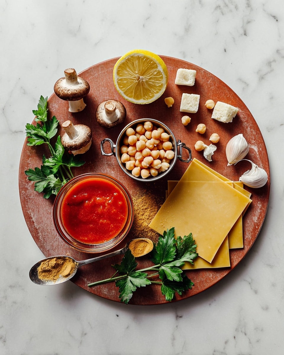 A white rectangular dish filled with a baked lasagna showing a slightly uneven top layer of rich red tomato sauce mixed with melted cheese that has a golden brown crust. The top is sprinkled with bits of chopped green herbs and fine grated cheese, adding texture and patches of bright green and pale yellow. The edges of the dish show some baked sauce stains, and the dish sits on a white marbled surface with a dark gray cloth partially underneath it. Nearby, there is a white bowl with red sauce, some fresh mushrooms on a wooden board, and a small dark bowl with grated cheese. The photo taken with an iphone --ar 4:5 --v 7