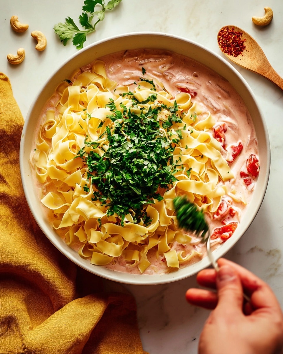 A large white bowl holds creamy pasta with wide, flat noodles mixed with pink shrimp and pieces of red sun-dried tomatoes. The pasta is coated in a light, creamy sauce that has hints of orange and white shades. Green parsley leaves are scattered throughout, adding fresh color contrast. Two vintage silver spoons rest inside the bowl, one lifting a portion of pasta and shrimp. The bowl is placed on a white marbled surface, with a yellow cloth napkin at the bottom left corner and a wooden tray with red spices and green herbs on the top right side. Some red chili flakes are sprinkled loosely on the surface near the bowl. Photo taken with an iphone --ar 4:5 --v 7