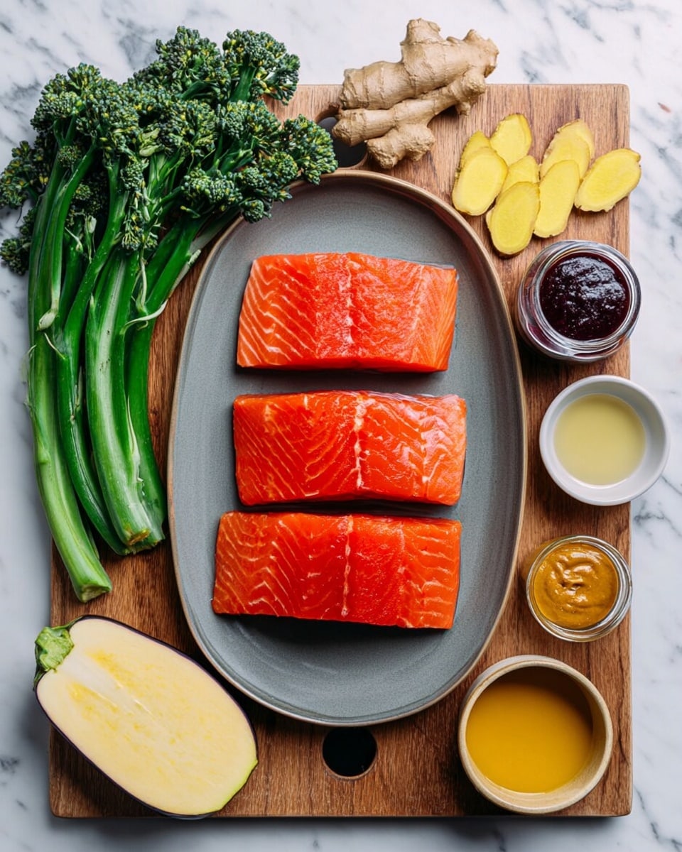 The image shows three thick, reddish-orange pieces of raw salmon placed side by side on a gray oval plate in the center of a wooden board. To the left, there are several green broccolini stalks with small green florets at the top. On the right side of the board, there are two thin yellow slices of fresh ginger root, a small white bowl with light yellow sauce, a small clear jar with dark red sauce, and a tiny beige bowl containing a dark liquid. Below the salmon, at the bottom of the board, there is a halved eggplant with pale yellow flesh and a green outer skin. Nearby, there are also three small bowls in different shades containing a golden liquid, a dark red liquid, and a mustard-colored paste. The whole setup is against a white marbled surface. photo taken with an iphone --ar 4:5 --v 7