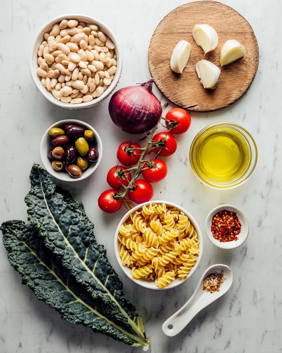 The image shows fresh and dry ingredients arranged on a white marbled surface. From top left, there is a small white bowl with light beige beans, next to it a round wooden board holds six peeled garlic cloves. Below the beans is a small white bowl with a mix of dark and light brown olives. In the middle, half a purple shallot is placed vertically next to a bunch of bright red cherry tomatoes on the vine. To the right of the tomatoes is a large dark green kale leaf. Below the shallot and to the left of the kale leaf are two small white bowls: one filled with uncooked yellow spiral pasta, the other with golden olive oil. To the right side of the pasta bowl is a clear glass jar with a light yellow liquid. Finally, two white spoons with handles face upwards, one contains red chili flakes and the other coarse salt. The colors range from red, green, beige, and golden yellow, and the textures mix smooth, leafy, and dry elements, creating a fresh and natural look. Photo taken with an iphone --ar 4:5 --v 7