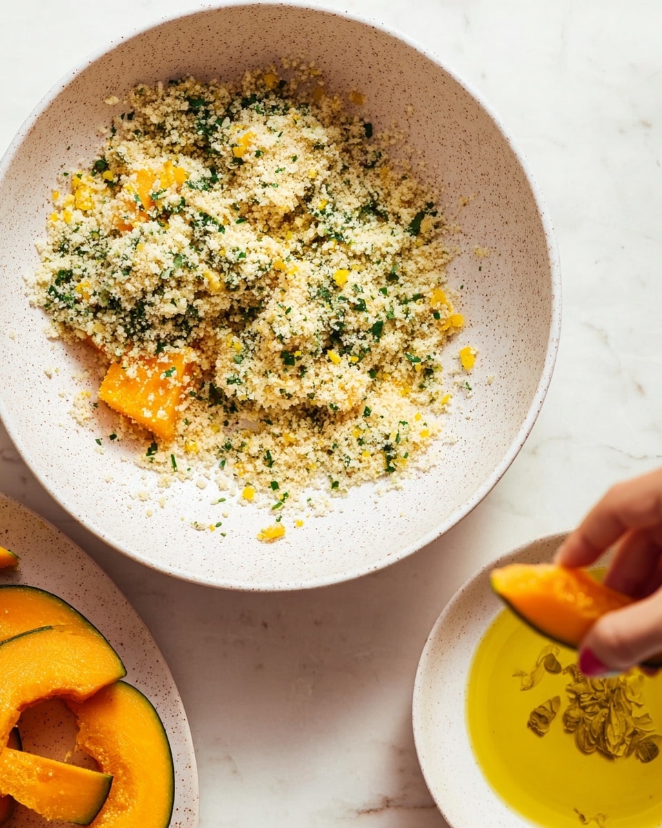 The image shows a close-up shot of a white speckled bowl filled with a crumbly mixture of light beige crumbs, bright green chopped herbs, and small yellow bits. In the middle, a piece of orange squash is partially buried in the mixture. To the right, a woman's hand holds a slice of orange squash over a white bowl filled with yellow oil and some herbs floating in it. Below, slight parts of a white plate with more orange squash pieces are visible. The background is a white marbled surface. photo taken with an iphone --ar 4:5 --v 7