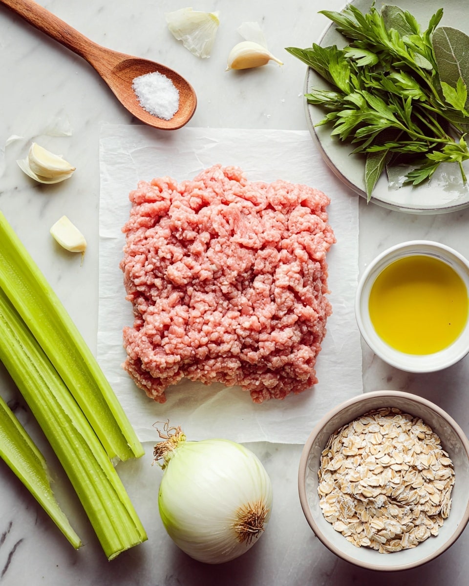 A top view of raw ground pink meat placed on a white sheet, surrounded by various ingredients on a white marbled surface: three light green celery stalks at the bottom left, a halved white onion with a brown root at the bottom right, a small wooden spoon with coarse white salt and three peeled garlic cloves at the top left, a small white bowl with yellow oil in the center right, a small round bowl filled with light beige oats near the bottom right, and a dark white plate holding fresh green herbs at the top right; all details are clear and colors soft. photo taken with an iphone --ar 4:5 --v 7