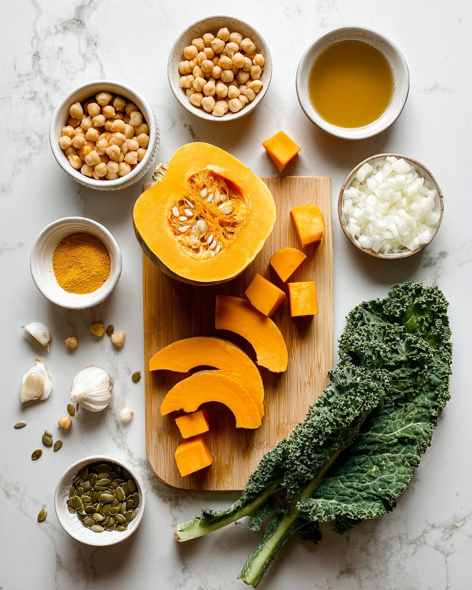 The image shows a wooden board centered with pieces of pumpkin on it, including one large half pumpkin with visible seeds, three crescent slices, and several orange cubes scattered around. To the right of the board is a large green kale leaf. Surrounding the board are small white bowls with chopped white onions, minced garlic, chickpeas, a golden liquid likely broth, and a small bowl of yellow powder, all placed on a white marbled surface. There are also a few garlic cloves next to the kale, and small seeds scattered near the chickpeas. Photo taken with an iphone --ar 4:5 --v 7