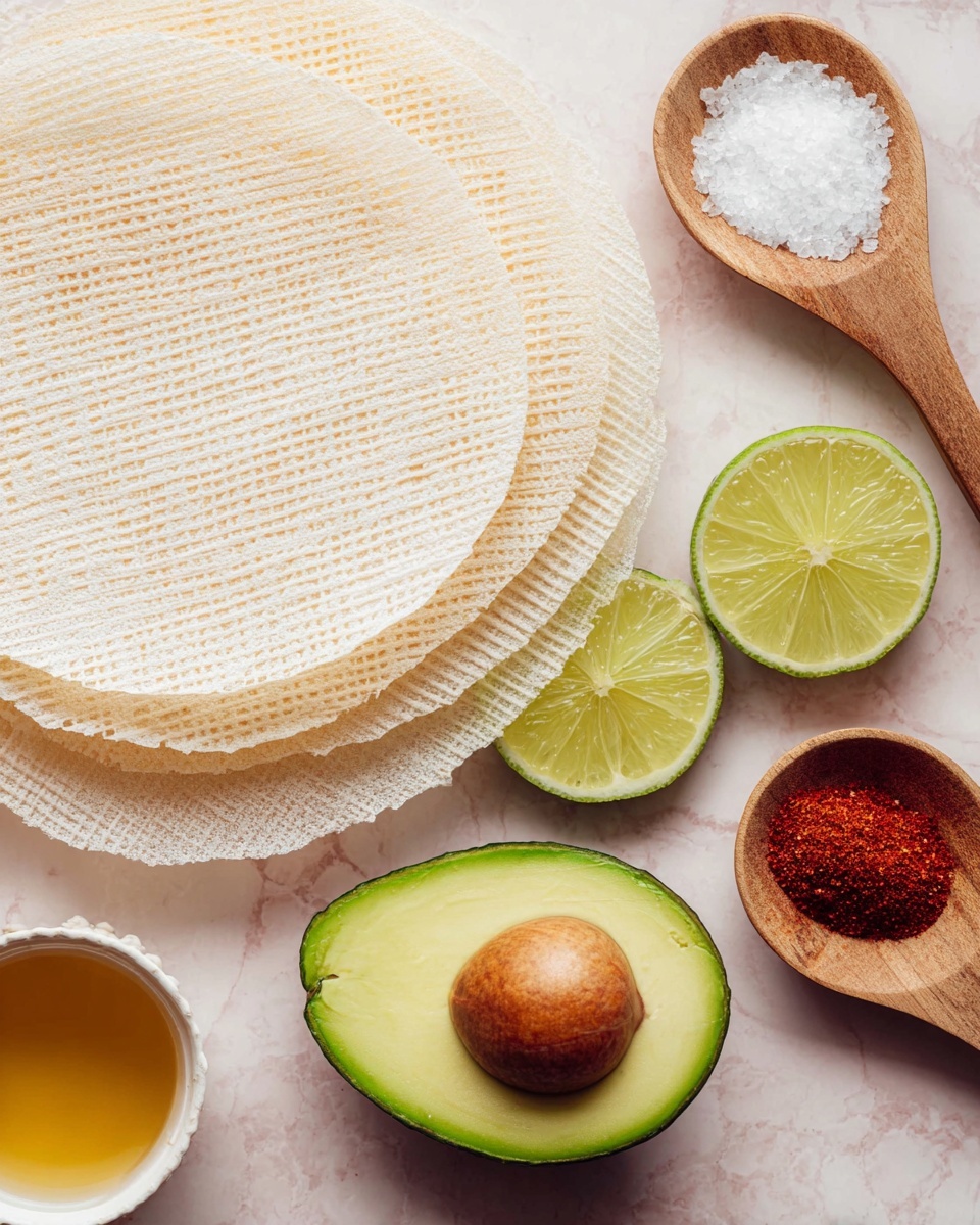 The image shows four round, thin, semi-transparent rice paper sheets stacked on the left side, each with a subtle woven pattern. On the right side, there is a halved avocado with a brown seed in the center and another half without the seed, showing bright green flesh. Below the avocado, two lime halves are placed, showing their juicy light green interior. Above the limes, two wooden spoons rest on the surface: one is filled with coarse white salt, and the other holds a bright red spice powder. At the bottom left corner, there is a small white bowl containing a golden brown liquid. The background is a white marbled texture. Photo taken with an iphone --ar 4:5 --v 7