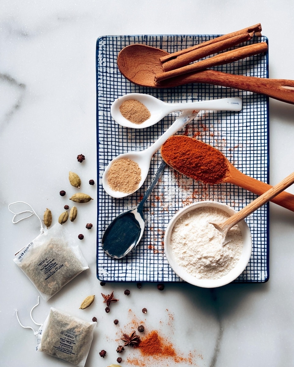 The image shows a white plate with a blue checkered pattern filled with various spices and tea bags on a white marbled surface. On the plate, there is a wooden spoon at the top containing brown powder, with two cinnamon sticks placed slightly diagonally above it. Below, three ceramic spoons in white, black, and white hold light brown, beige, and red powdered spices, respectively. Around these spoons are scattered whole spices including cloves, cardamom pods, and a nutmeg seed. Two used tea bags with dark tea leaves spill slightly onto the marbled surface near the bottom left of the plate. To the right side of the plate, there is a white bowl filled with white powder and a long wooden spoon resting inside it. photo taken with an iphone --ar 4:5 --v 7