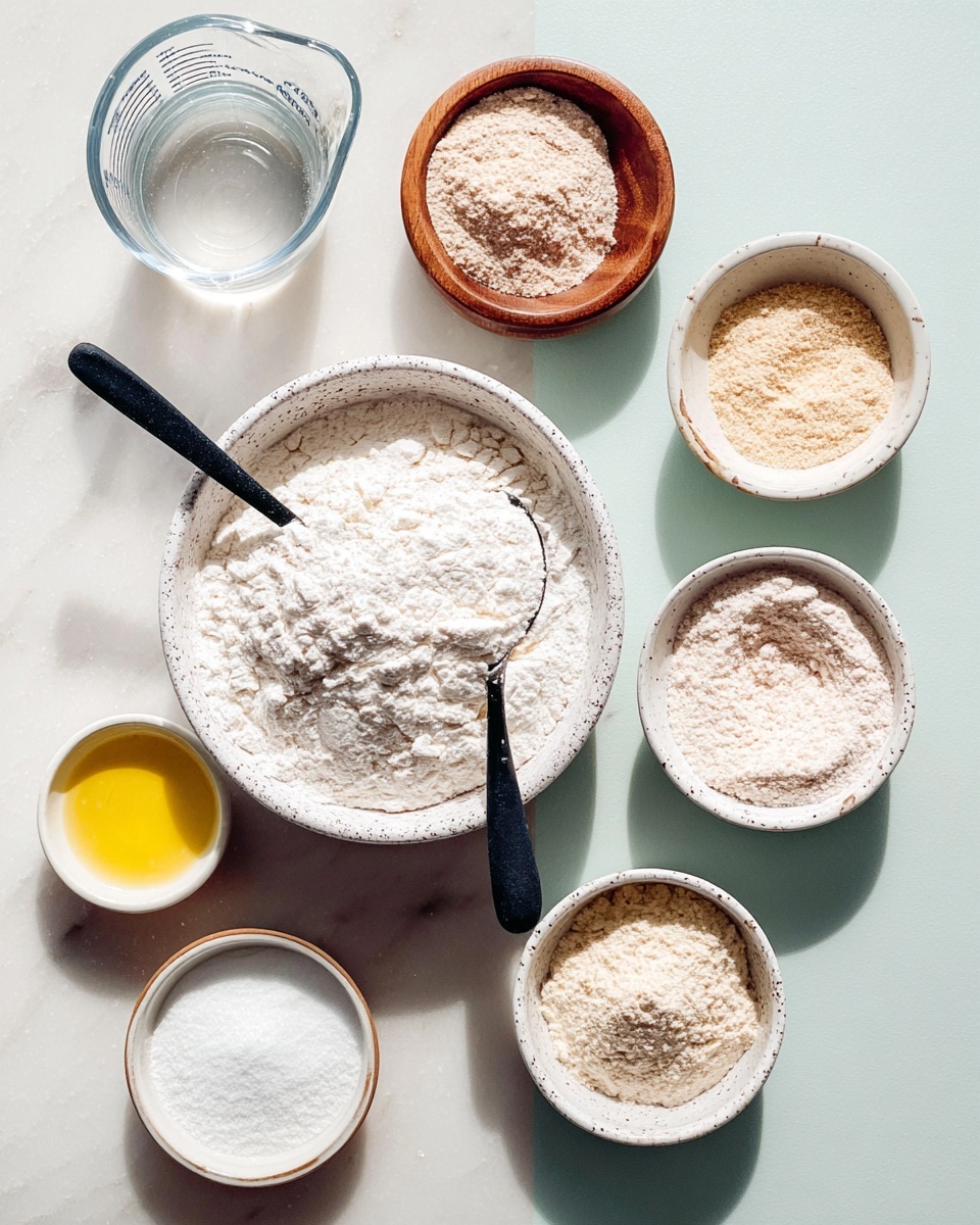 The image shows a flat lay of small white bowls and dishes arranged on a white marbled surface. There is one large white speckled bowl filled with white flour with a black spoon resting inside it at the bottom center. Surrounding it are six smaller white speckled bowls holding different powdered ingredients in shades of light brown, beige, and white. One round wooden bowl contains white salt or sugar. A small white dish with a yellow rim holds a clear yellow liquid in the center. At the top left, there is a clear glass measuring cup with water. The bowls are neatly arranged with subtle shadows, creating a calm and clean look. Photo taken with an iphone --ar 4:5 --v 7