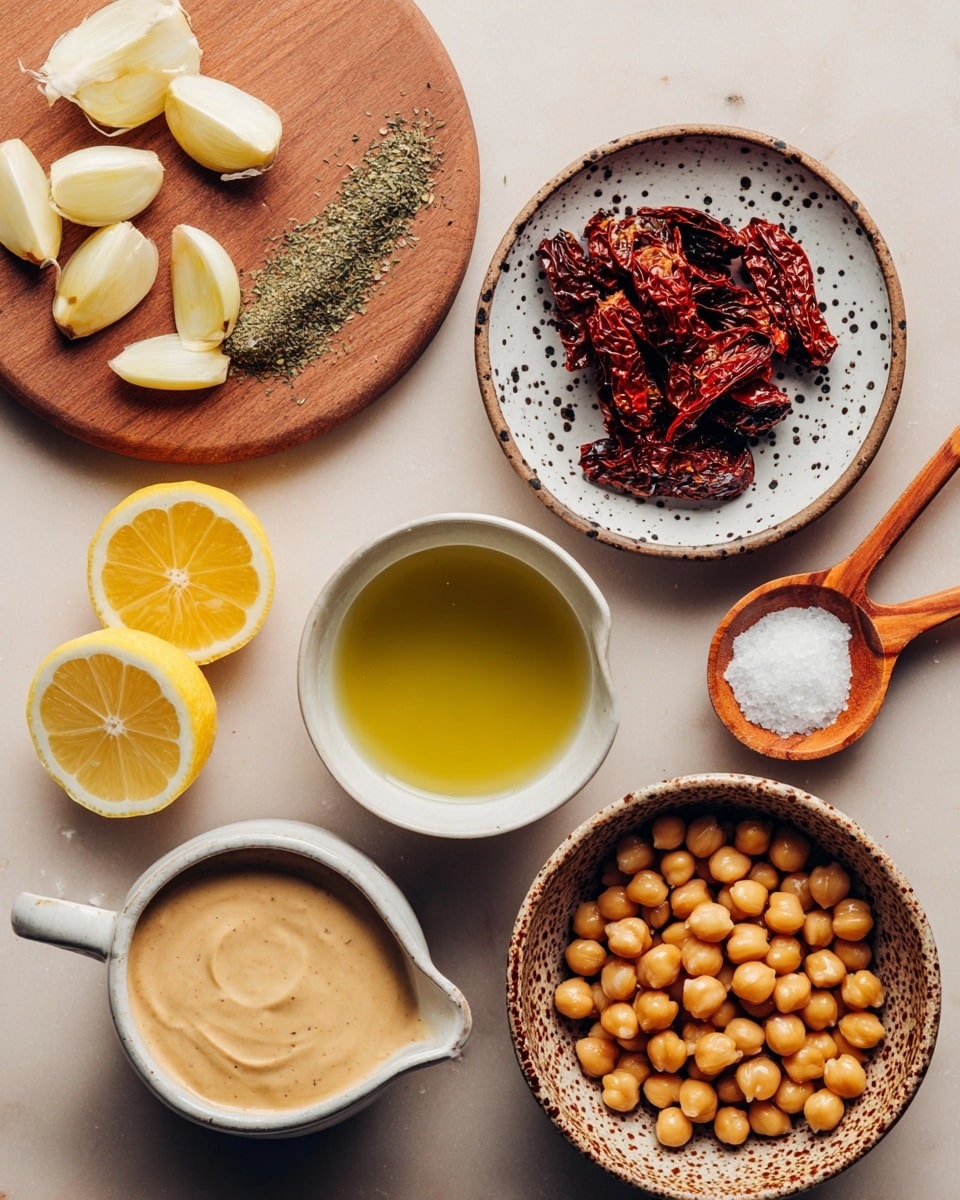 A flat lay image of several food ingredients placed on a white marbled surface. There are whole chickpeas in a brown speckled bowl at the bottom right, next to a bowl of smooth beige tahini paste. Above the tahini is a white plate with black specks holding dark red dried tomatoes. To the left, there is a small white bowl with green olive oil, a white jug with light golden liquid, and three pieces of peeled garlic cloves resting on a small round wooden board. Two lemon wedges, bright yellow with white pith, are positioned on the top left and right sides. Finally, two wooden spoons lie horizontally at the top of the image, one holding greenish herbs and the other coarse salt. Photo taken with an iphone --ar 4:5 --v 7