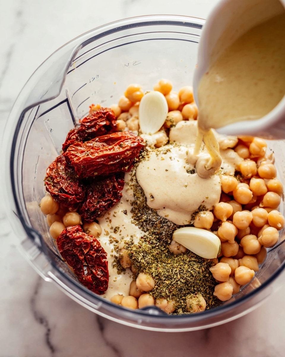 A white plate holds a deep bowl filled with orange hummus topped with scattered pine nuts and a swirl of oil and spices. One pita triangle is dipped into the hummus at the edge of the bowl. Surrounding the bowl on the plate are several layers: dark brown olives piled on one side, bright green cucumber slices fanned out next to them, orange cherry tomatoes grouped together, and four lemon wedges placed near several pita triangle pieces stacked on the opposite side. Nearby, a small bowl filled with pine nuts is visible. The surface under the plate shows a white marbled texture. Photo taken with an iphone --ar 4:5 --v 7