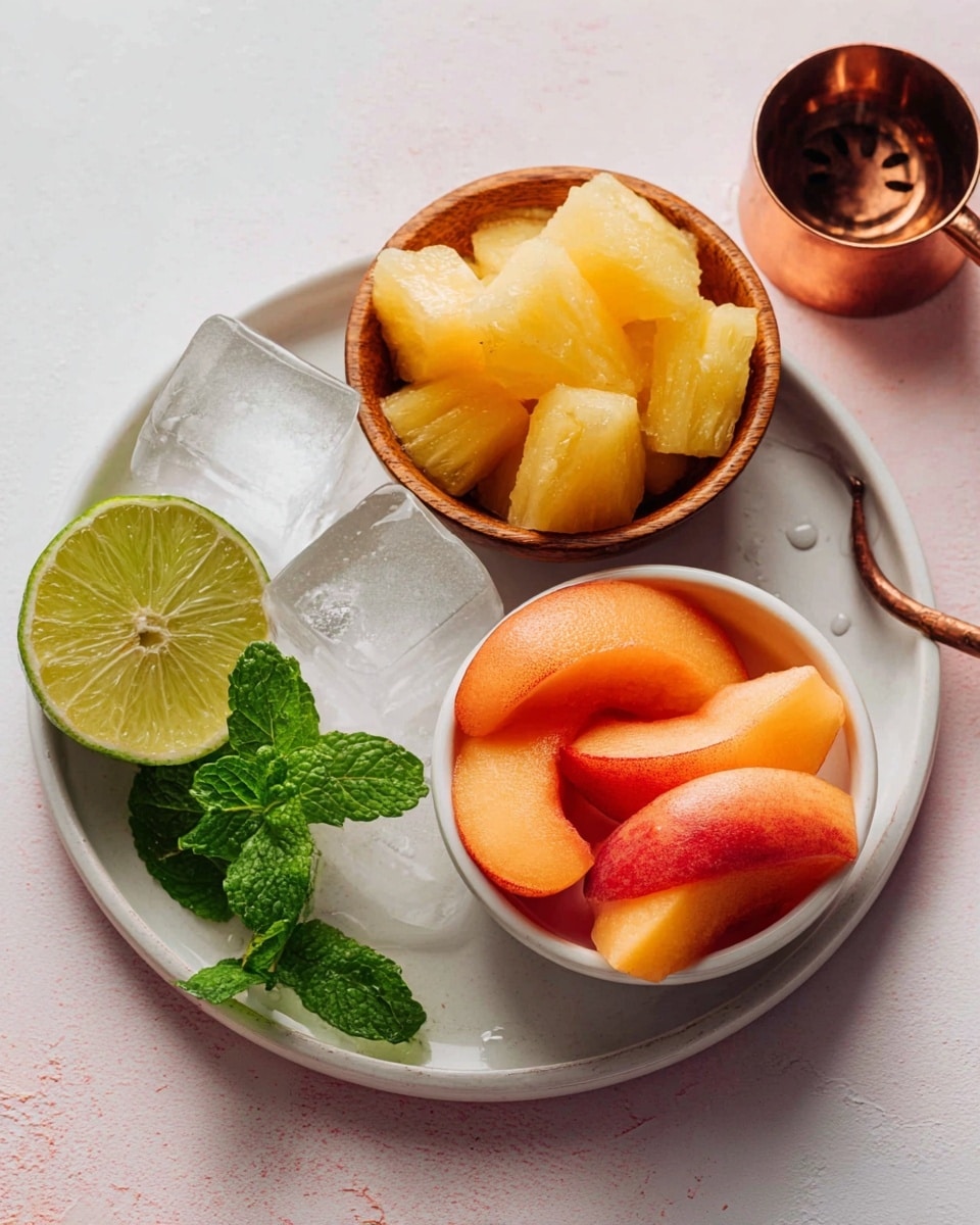 A white round plate sits on a white marbled surface with light water droplets around it. The plate holds two small white bowls; one bowl in the front is filled with bright orange and red frozen peach slices arranged in loose layers showing their smooth texture and frosty edges. Behind it, there is a small wooden bowl filled with chunky pale yellow frozen pineapple pieces, showing their soft ice crystals. To the left on the plate, there is a halved green lime with visible juicy segments, fresh green mint leaves, and a single clear ice cube. Next to the mint, a copper measuring spoon with a dark wooden handle reflects light softly inside its round bowl. The whole set is well lit, creating a fresh and cool feel. Photo taken with an iphone --ar 4:5 --v 7