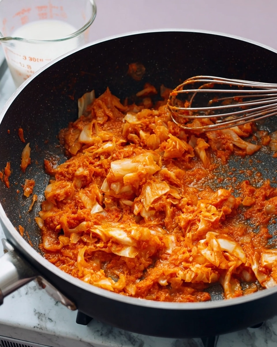 A black pan filled with a chunky red-orange mixture that has soft, uneven pieces of lightly cooked white vegetable, possibly cabbage, mixed in. A metal whisk is stirring the ingredients in the pan. The pan is on a stovetop with a white marbled surface underneath, and a glass measuring cup with white liquid is visible in the background. The scene has natural lighting and a casual home cooking vibe. photo taken with an iphone --ar 4:5 --v 7