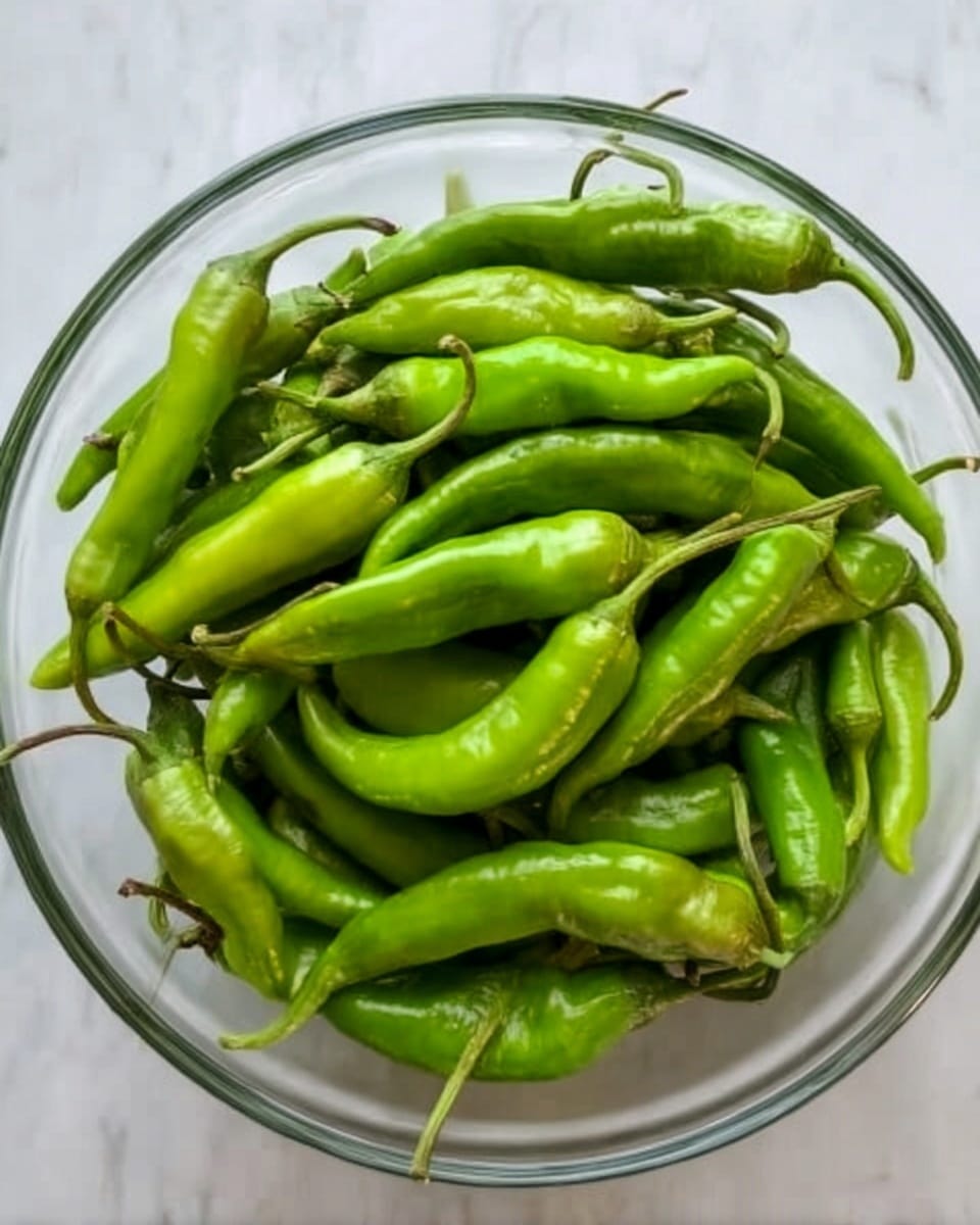 The dish shows a white shallow bowl filled with many long, green peppers that are roasted, giving them a wrinkled texture and some dark brown charred spots. The peppers are coated with a glossy sauce that appears brown and sticky, with scattered white sesame seeds on top. The bowl sits on a pink hexagonal tiled surface with part of a light yellow cloth visible to the side. The overall look is fresh and vibrant with a mix of green, brown, and white colors. photo taken with an iphone --ar 4:5 --v 7