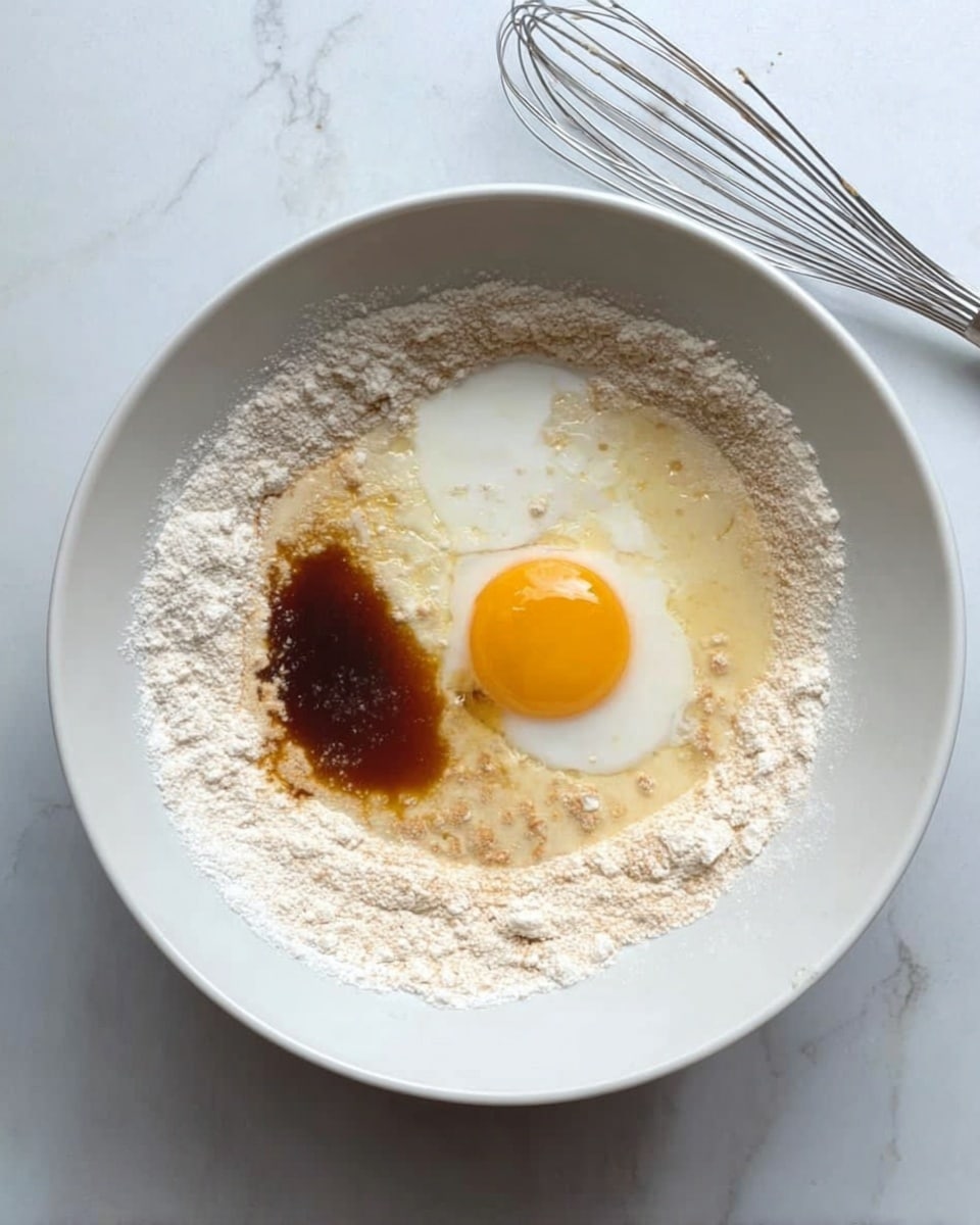 A white bowl sits on a white marbled surface filled with several baking ingredients layered in a circle: a light beige flour base with a white liquid poured over most of it, a cracked raw egg with a bright yellow yolk in the center, and a small pool of dark brown vanilla extract on one side. A silver whisk rests nearby on the white marbled surface. photo taken with an iphone --ar 4:5 --v 7